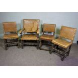 A large 17th century style oak framed armchair, with two matching chairs and an associated chair,