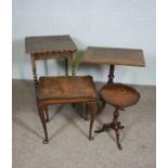 Four assorted occasional tables, including an oak framed square topped table, a small mahogany