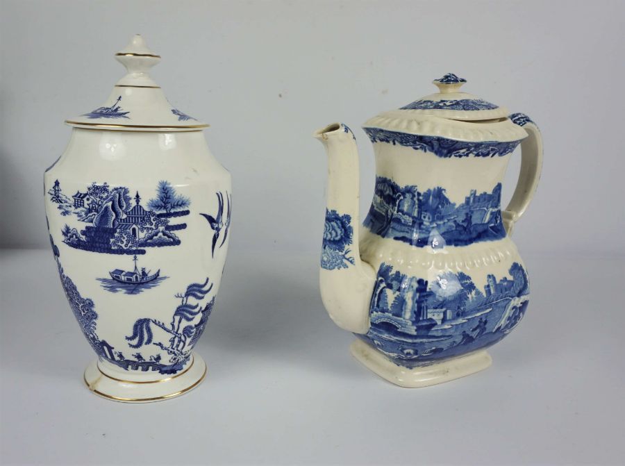 A pair of Japanese Noritake vases, decorated with figures, 17cm high, together with a blue and white - Image 9 of 19