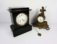A Victorian slate mantel clock, 29cm high, together with a French style speltar cased mantel