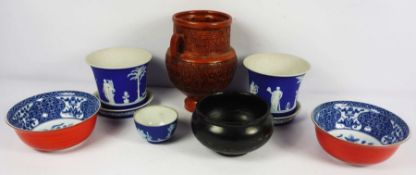 Pair of Wedgwood planters and other ceramics, including a Bronze Age style terracotta bowl etc (a