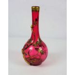 A Bohemian cranberry glass vase, 19th century, of globular form, with a long neck, entwined by