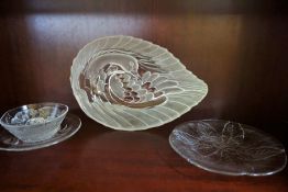 A group of assorted pressed glass bowls and platters, including a bowl decorated with a swan (19)