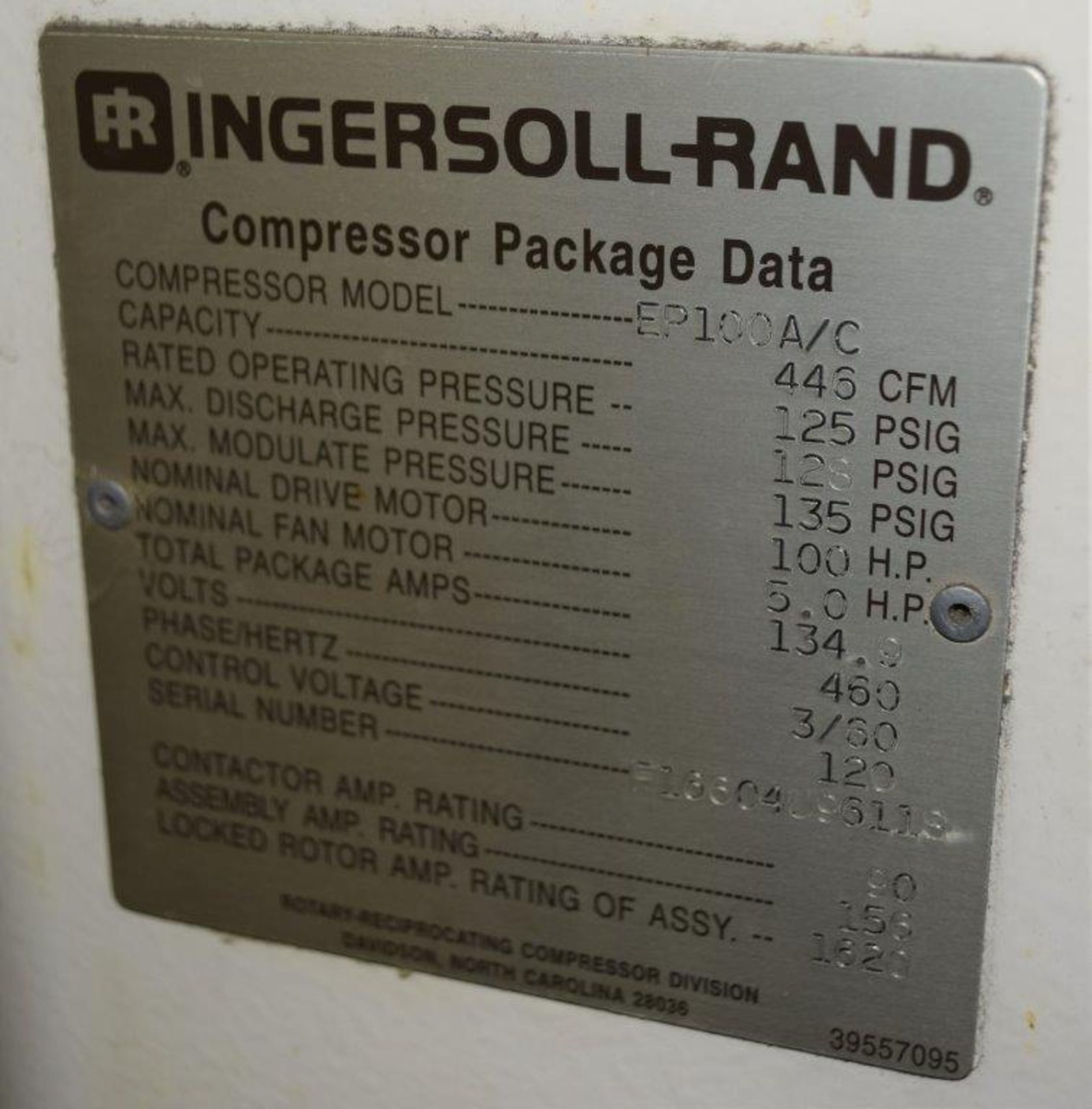 (1) Ingersoll-Rand SSR Rotary Screw Compressor, Model EP100A/C, Serial# F16604U96118, 100HP, 446 CFM - Image 5 of 8