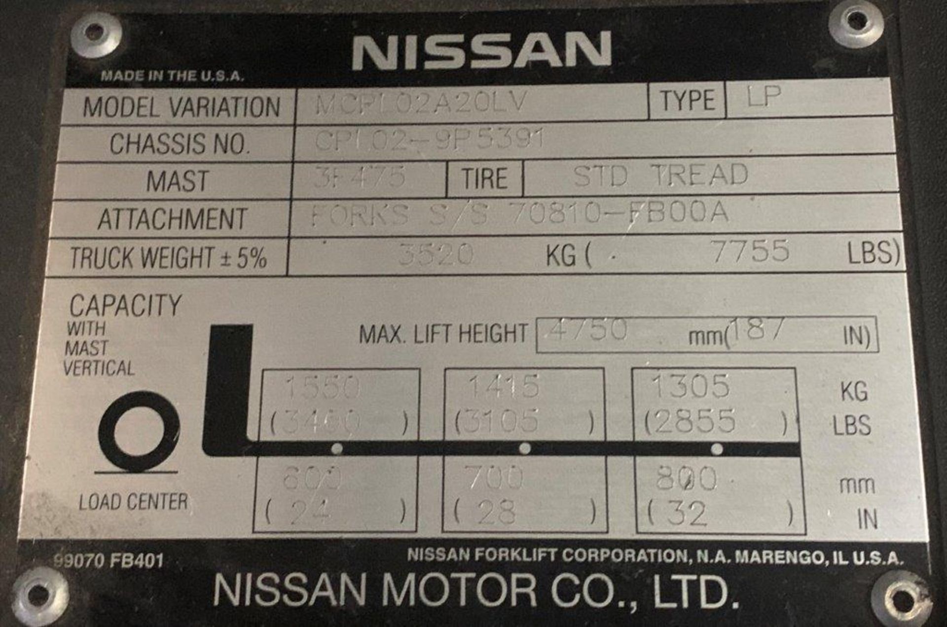 (1) Nissan 40 LP Forklift, Model MCPL02A20LV, Serial# CPL02-9P5391. Reported to have a transmission - Image 9 of 10