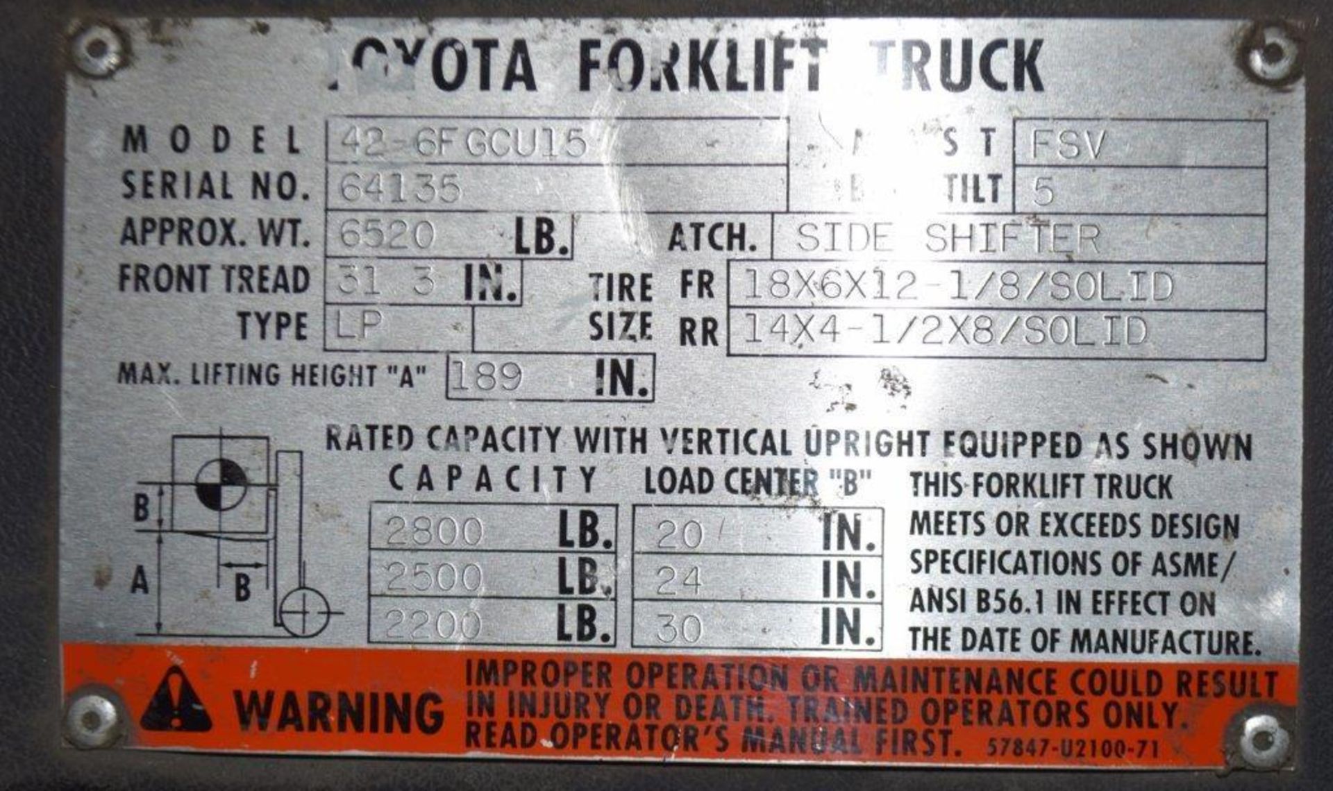 (1) Toyota LP Forklift, Model 42-6FGCU15, Serial# 64135. - Image 18 of 18