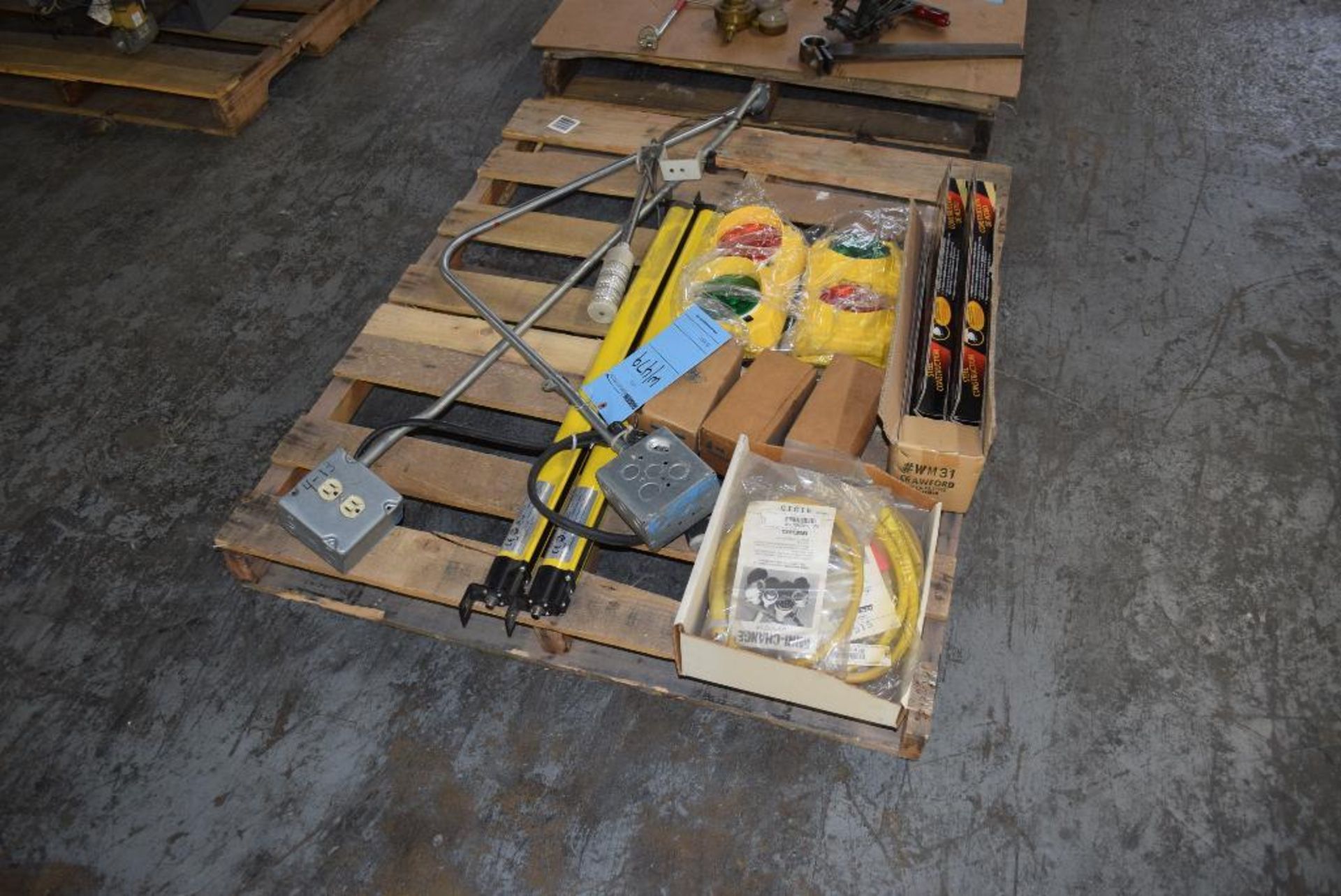Lot of (2) skids with misc. tools, connector cables, safety eye curtain sensors and lights. - Image 3 of 3