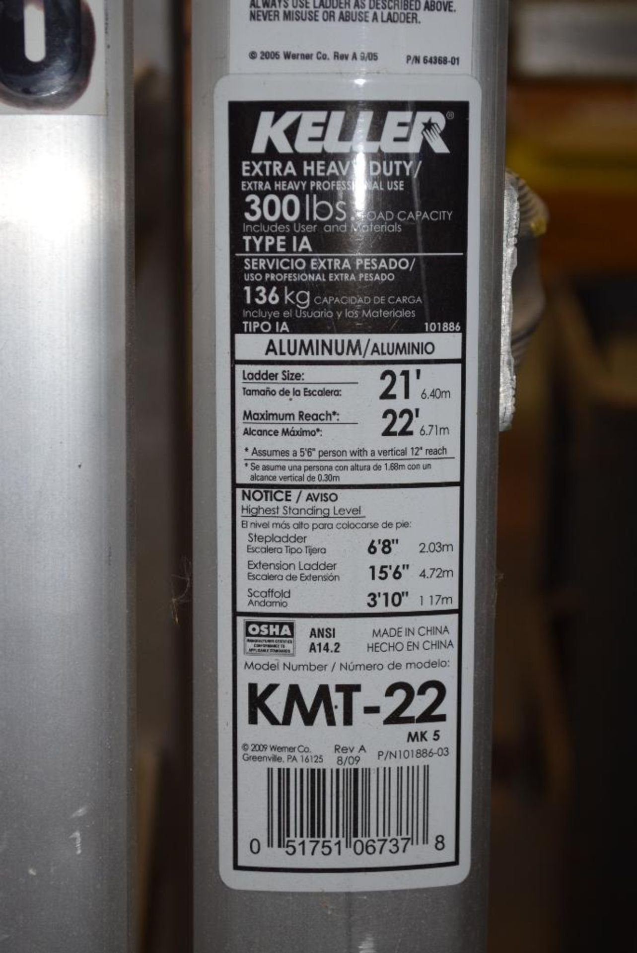 (1) Keller extra heavy duty aluminum ladder, model KMT-22, serial# 51751-06737. - Image 3 of 3