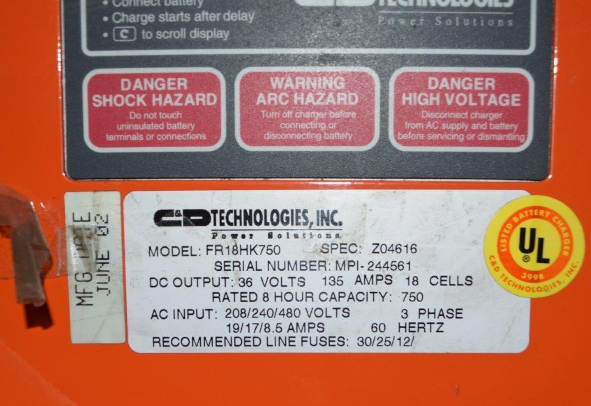 (1) C&D Technologies 36 Volt Battery Charger, Model FR18HK750, Serial# MPI-244561. - Image 3 of 3