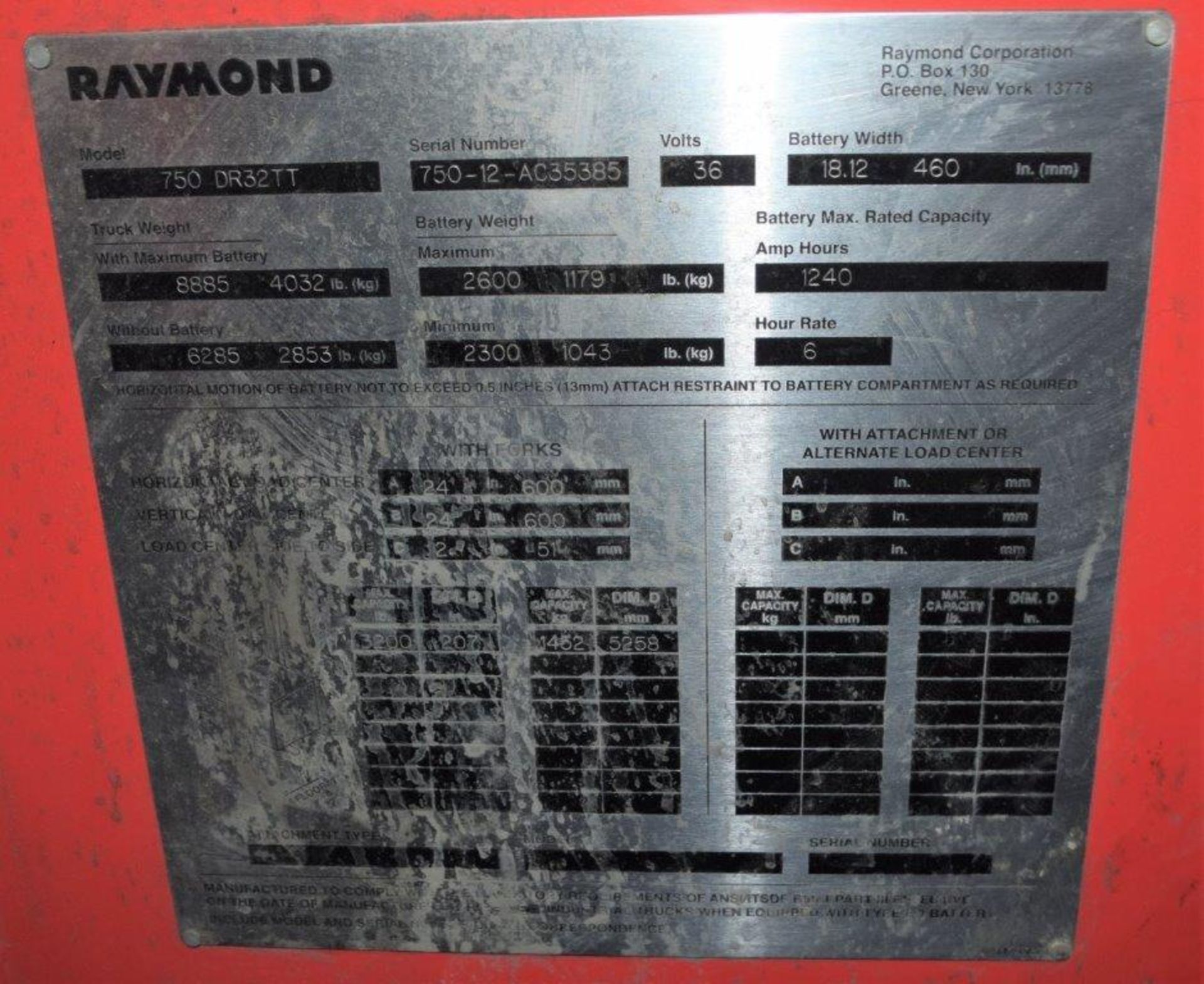 (1) Raymond Electric Stand Up Reach Forklift, Model 750-DR32TT, Serial# 750-12-AC35385. - Image 7 of 7