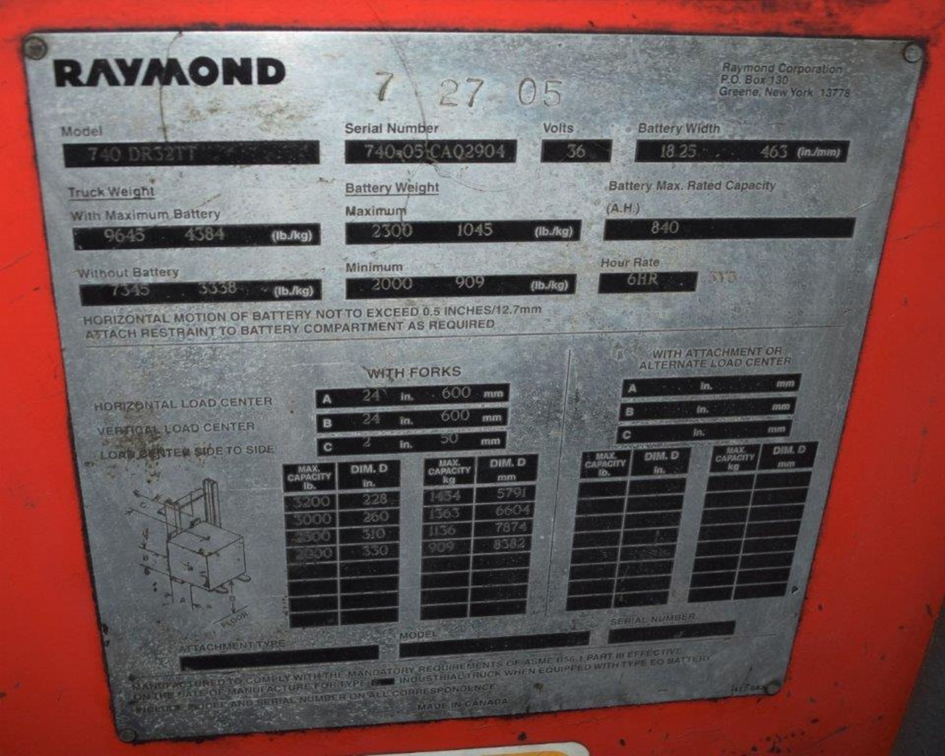 (1) Raymond Electric Stand Up Reach Forklift PARTS MACHINE, Model 740-DR32TT, Serial# 740-05-CA02904 - Image 6 of 6