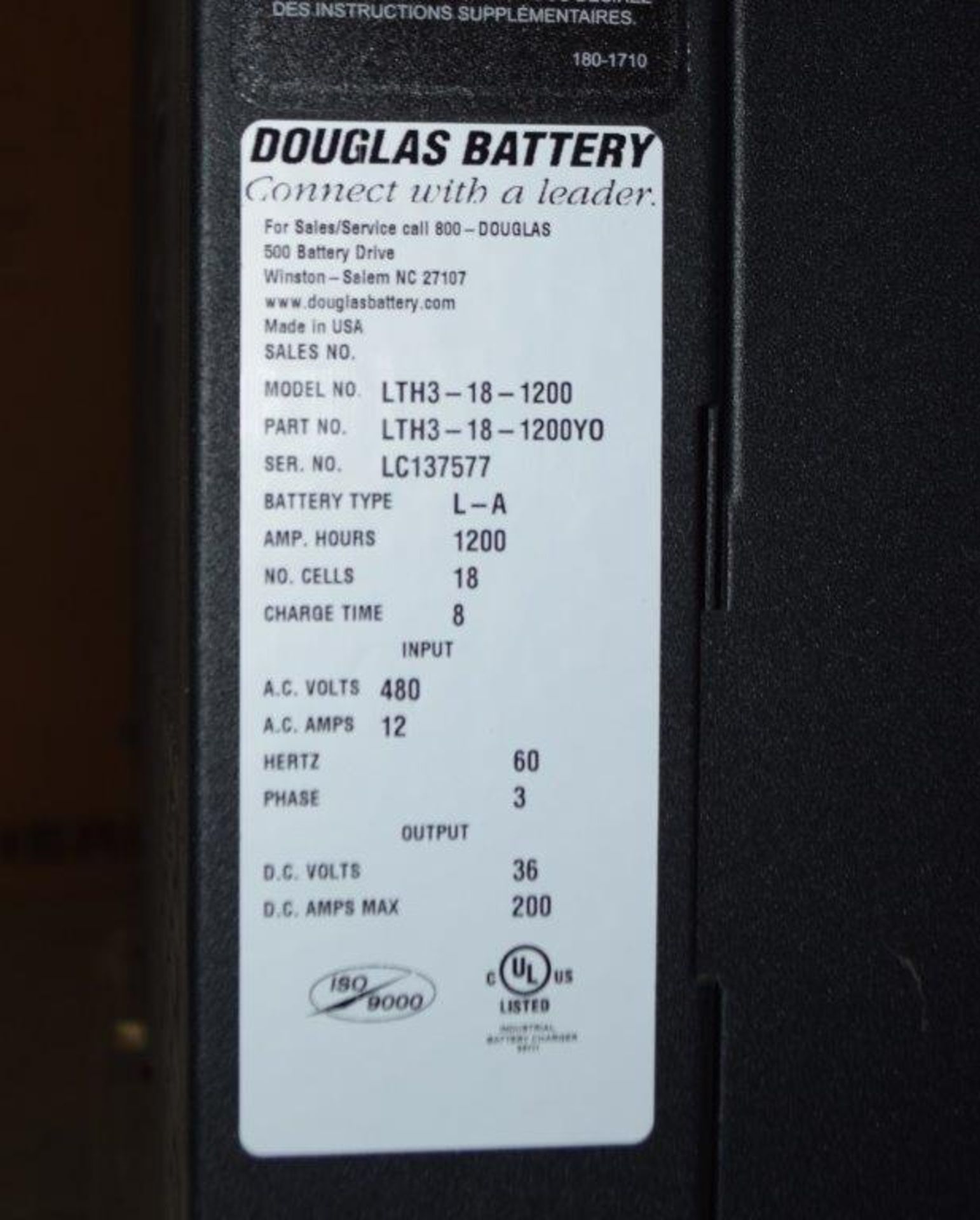 (1) Douglas 36 Volt Battery Charger, Model LTH3-18-1200, Serial# LC137577. - Image 3 of 3