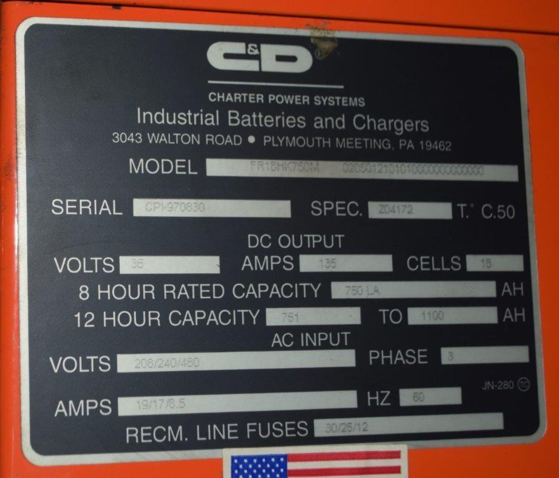 (1) C&D Technologies 36 Volt Battery Charger, Model FR18HK750M, Serial# CPI-970830. - Image 3 of 3