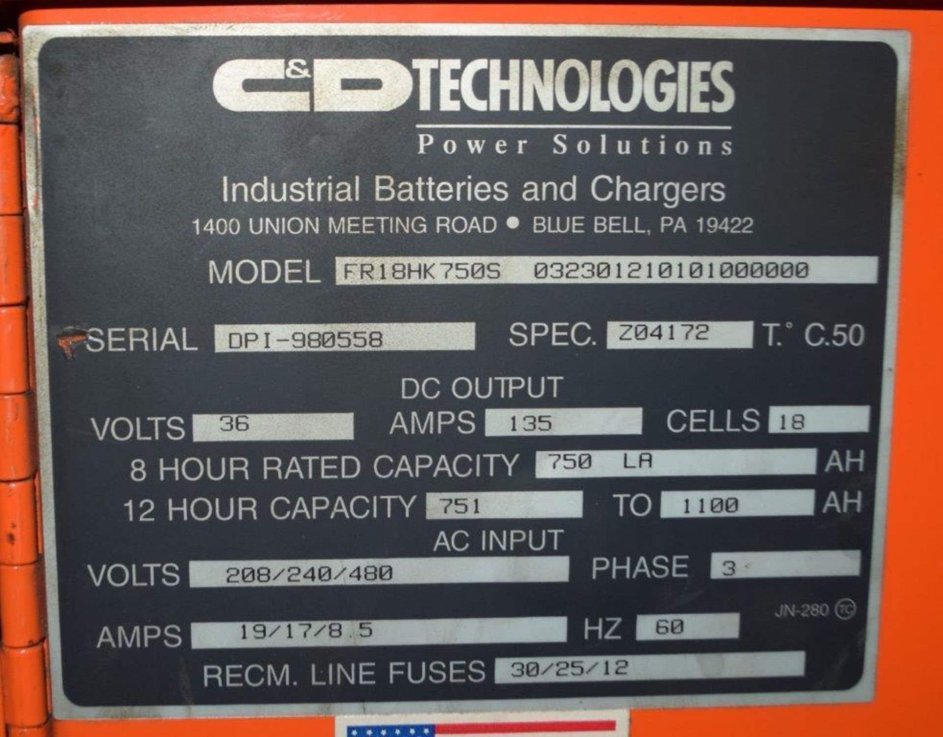 (1) C&D Technologies 36 Volt Battery Charger, Model FR18HK750S, Serial# DPI-980558. - Image 3 of 3