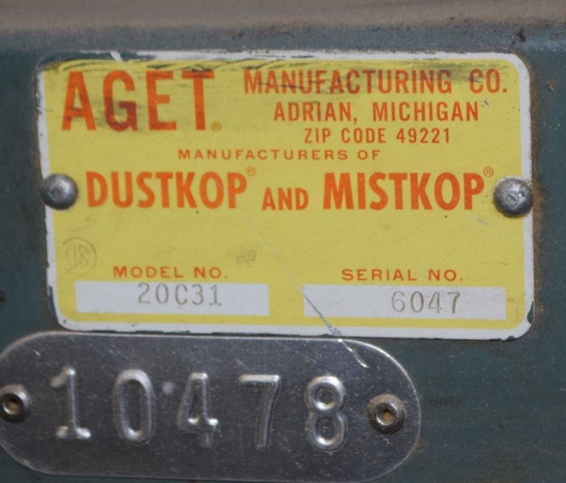 (1) AGET Dust Collector, Model 20C31, Serial# 6047. - Image 3 of 3