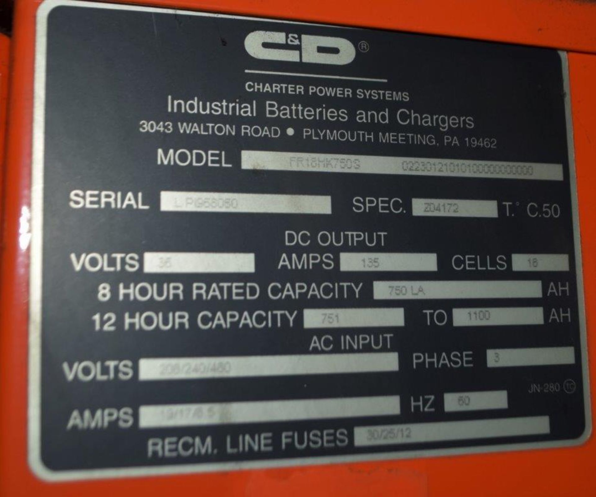 (1) C&D Technologies 36 Volt Battery Charger, Model FR18HK750S, Serial# LPI968050. - Image 3 of 3