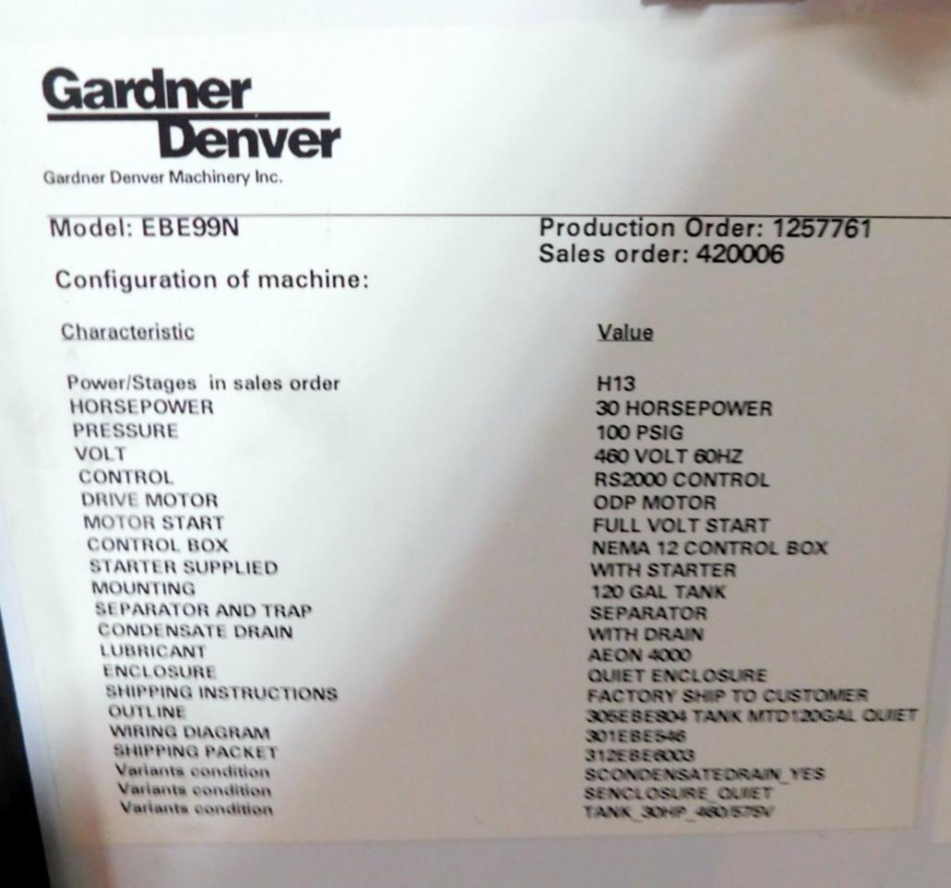 30 HP Gardner Denver, Model EBE99N Electra-Screw Rotary Screw Air Compressor, 100 PSIG, 5,537 Total - Image 7 of 7