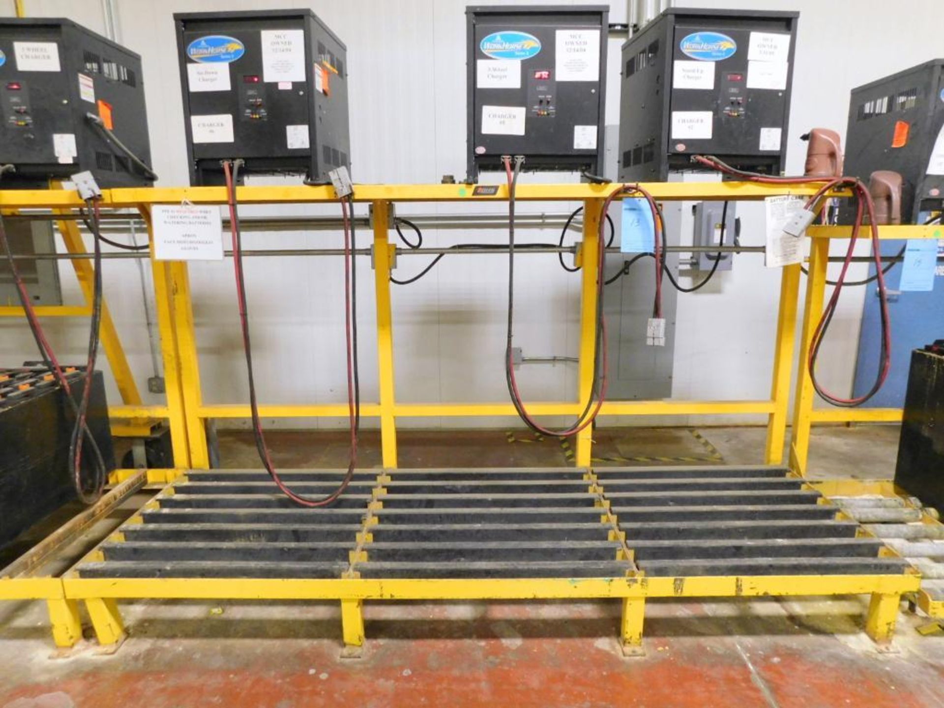 BHS Battery Handling Systems Forklift Battery Charger Racking, (3) Sections; 120" x 42" x 66".