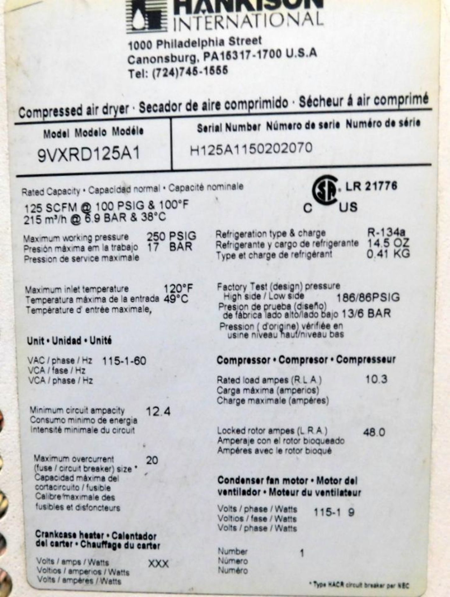 Hankison Compressed Air Dryer, Model 9VXRD125A1. 125 SCFM at 100 PSIG & 100 Degrees F, 250 PSIG Maxi - Image 4 of 4