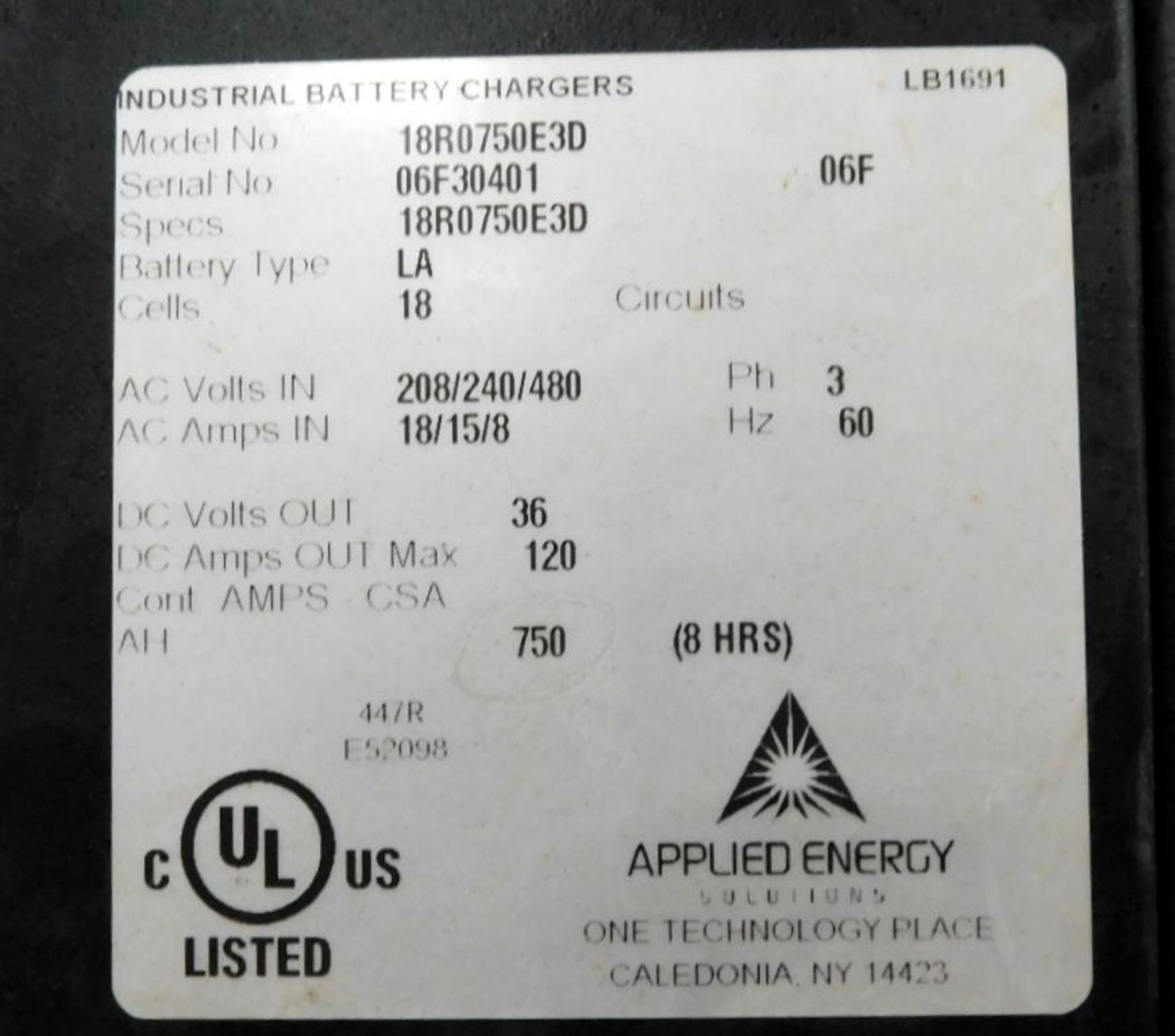 Applied Energy Solutions Workhorse Series 2 36 Volt Forklift Battery Charger, Model 18R1050E3D. 3/60 - Image 4 of 4