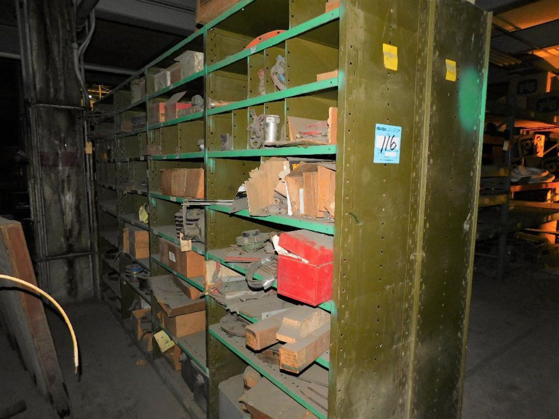 Assorted Steel Shelving Units with Electrical Parts, Extention Cord, Compressor Ports.