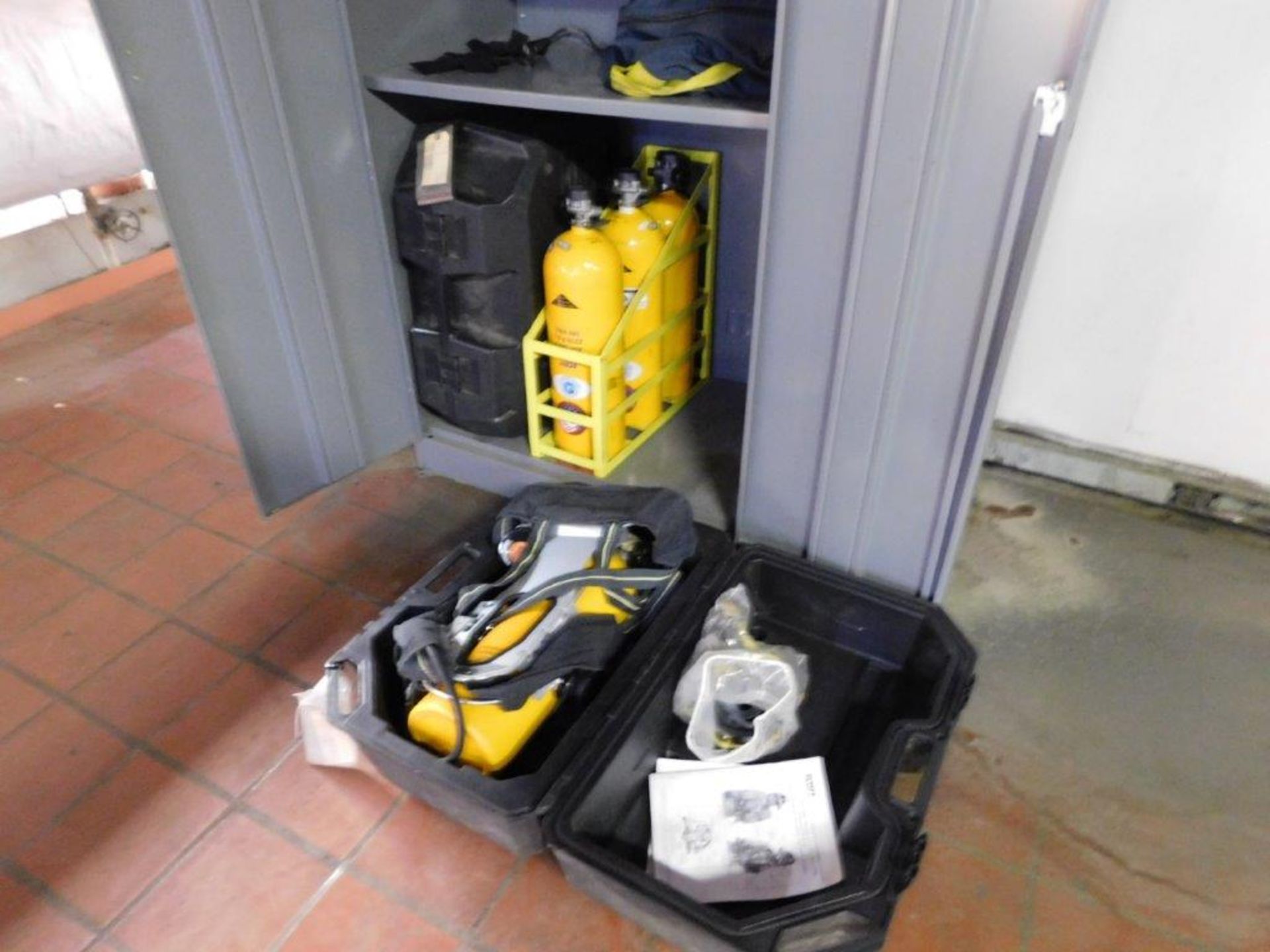 Safety Cabinet with (2) Scott Respirator Air Paks Breathing Apparatus Spare Bottles.