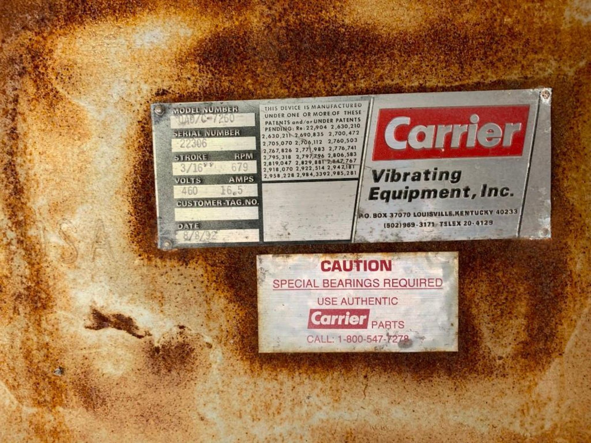 Carrier Continuous Fluid Bed Dryer. Model QAD/C-7260. Serial Number - 22306. Built 1992. Carbon Stee - Image 7 of 7