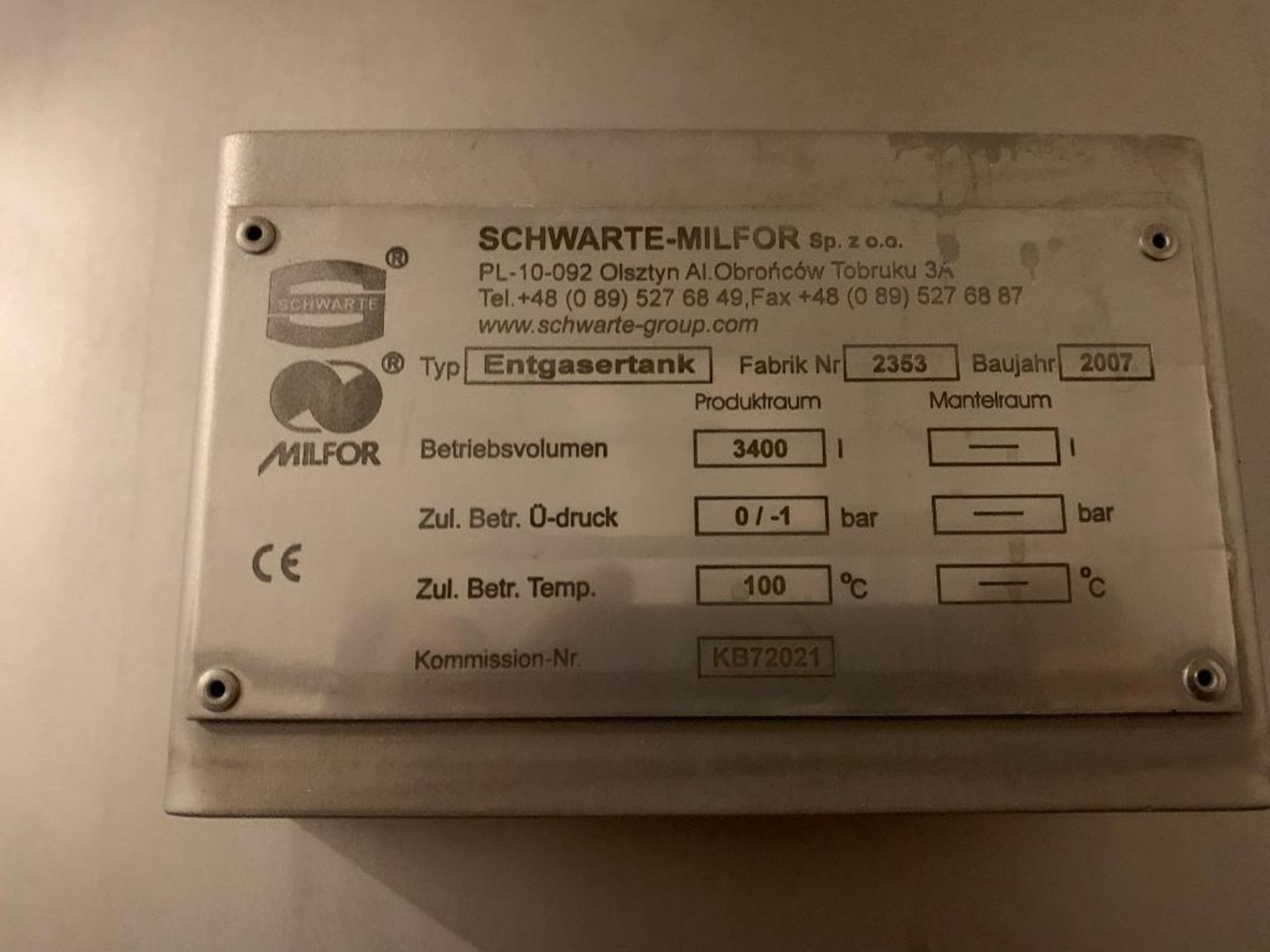 Schwarte-Milfor Dearator Tank Model Entgasertank, S/N 2353 - Image 8 of 10