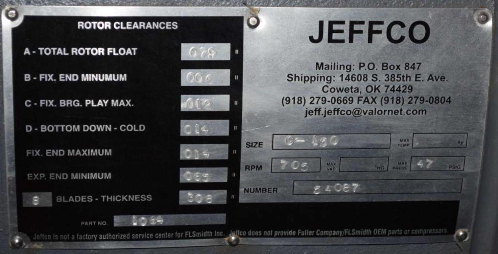 Jeffco Rotary Vane Compressor, Model C-150, 705 rpm, Serial# 54087. - Image 4 of 5