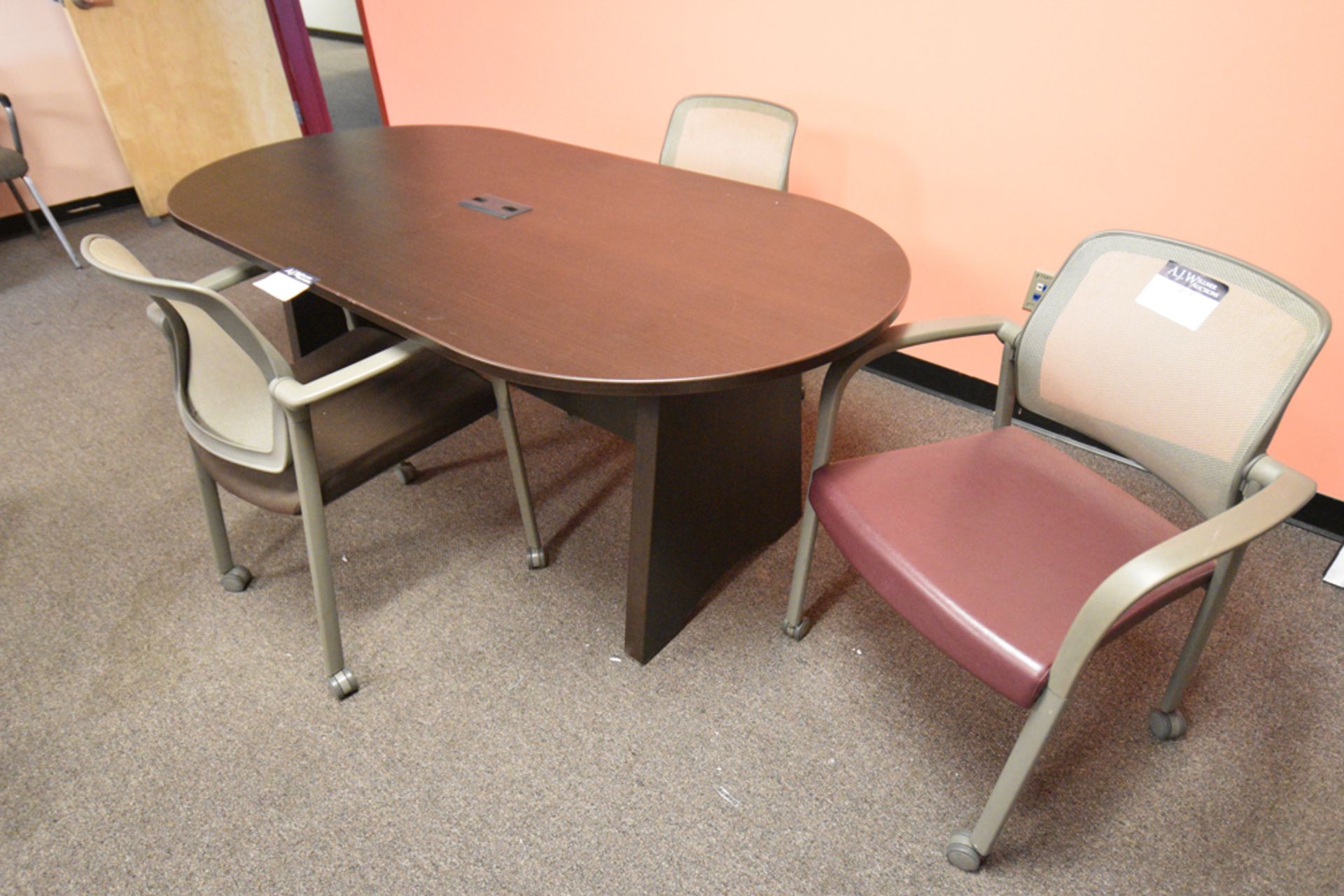 Oval Shape Formica Table, 6' w/ 3 Mesh Back, Rolling Office Chairs