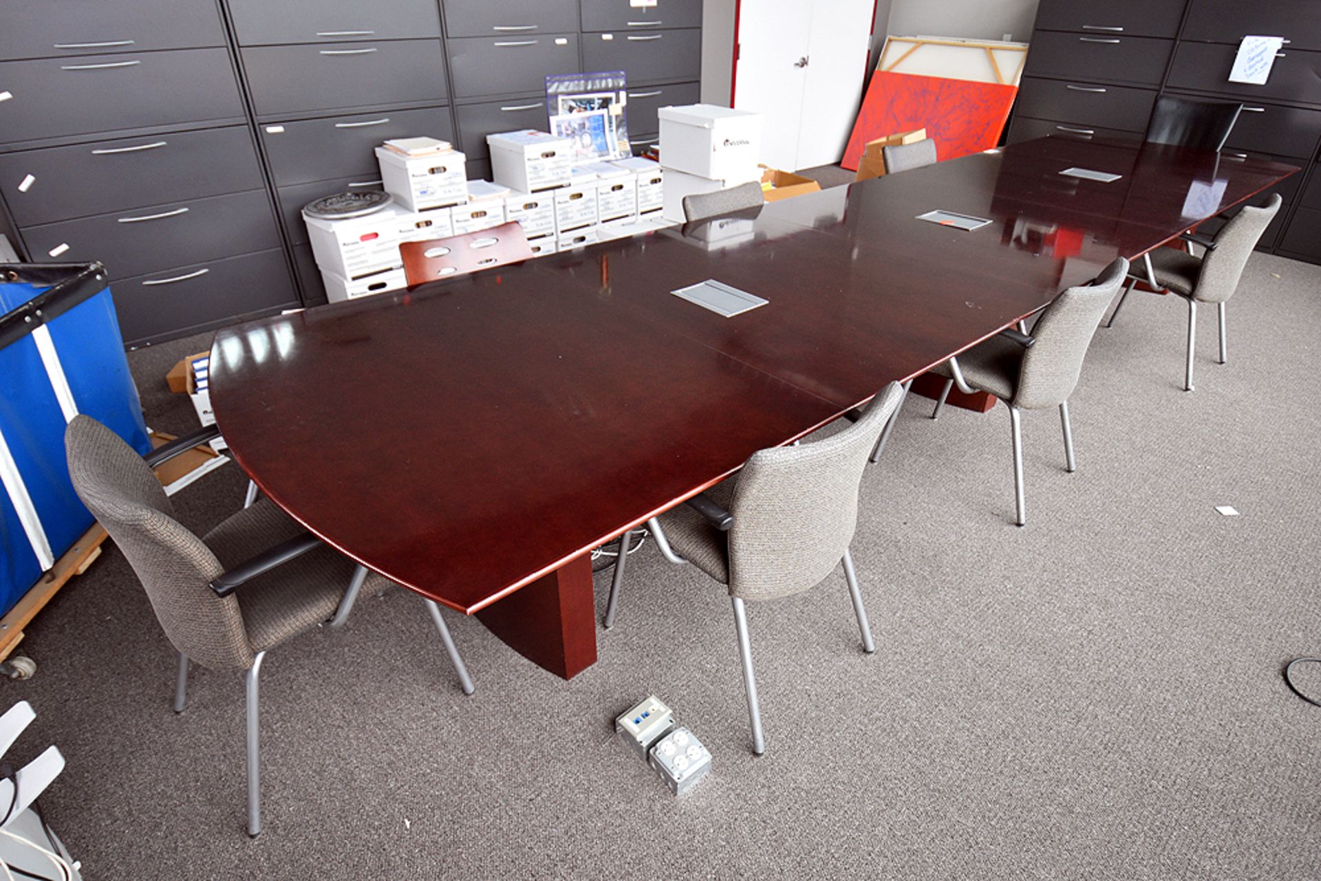 Executive Wood Conference Table (18'L. x 54"W. x 29"H) w/ (8) Ass't Chairs