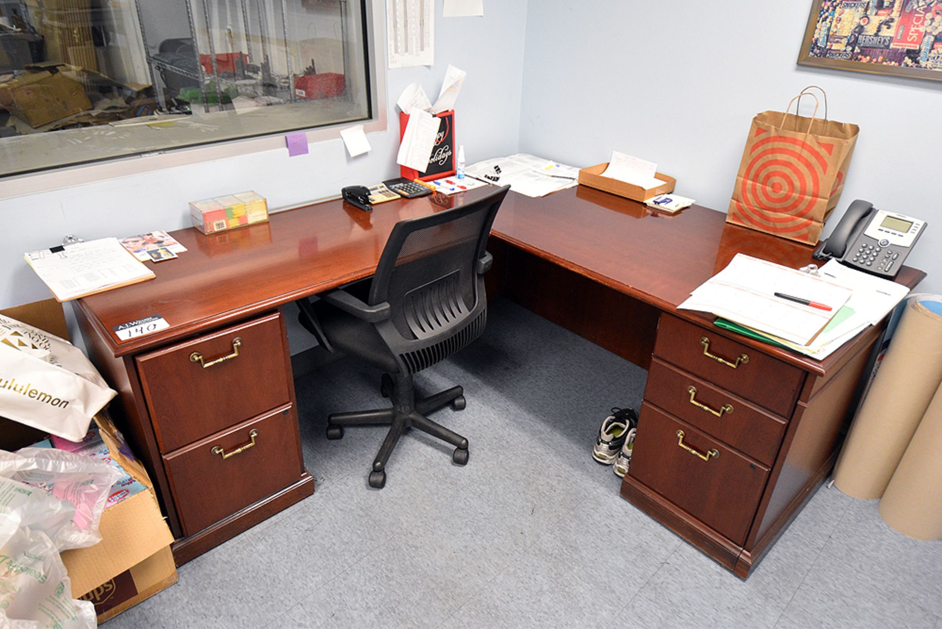 L-Shaped Desk (72"x77"x29"H) w/ Swivel Arm Chair and (1) 4-Draw File Cabinet (75" x 21"x29"H)