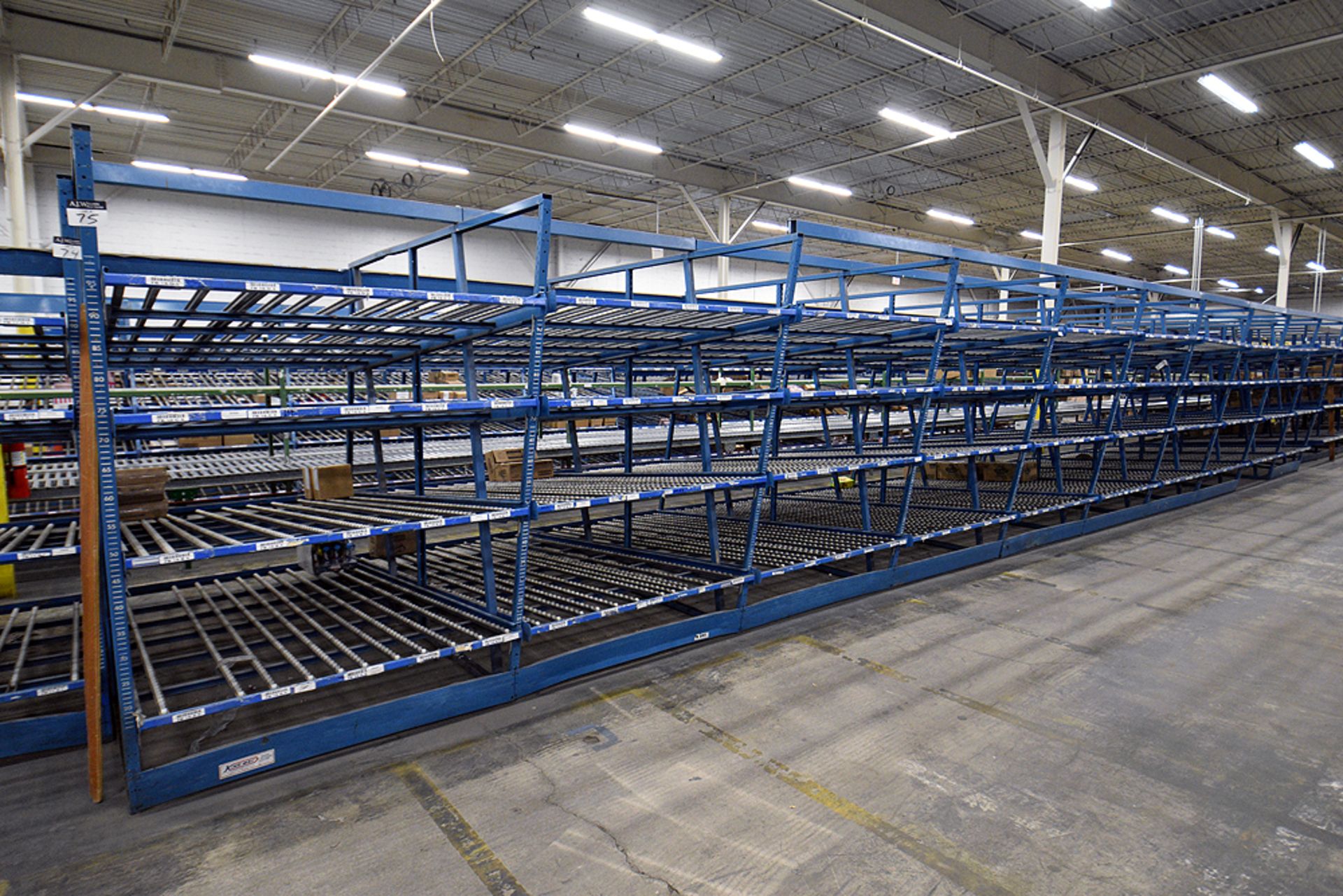 4-Tier Gravity Fed, Carton Flow Rack (116"x624"x95"H) (108"x1" Rollers)