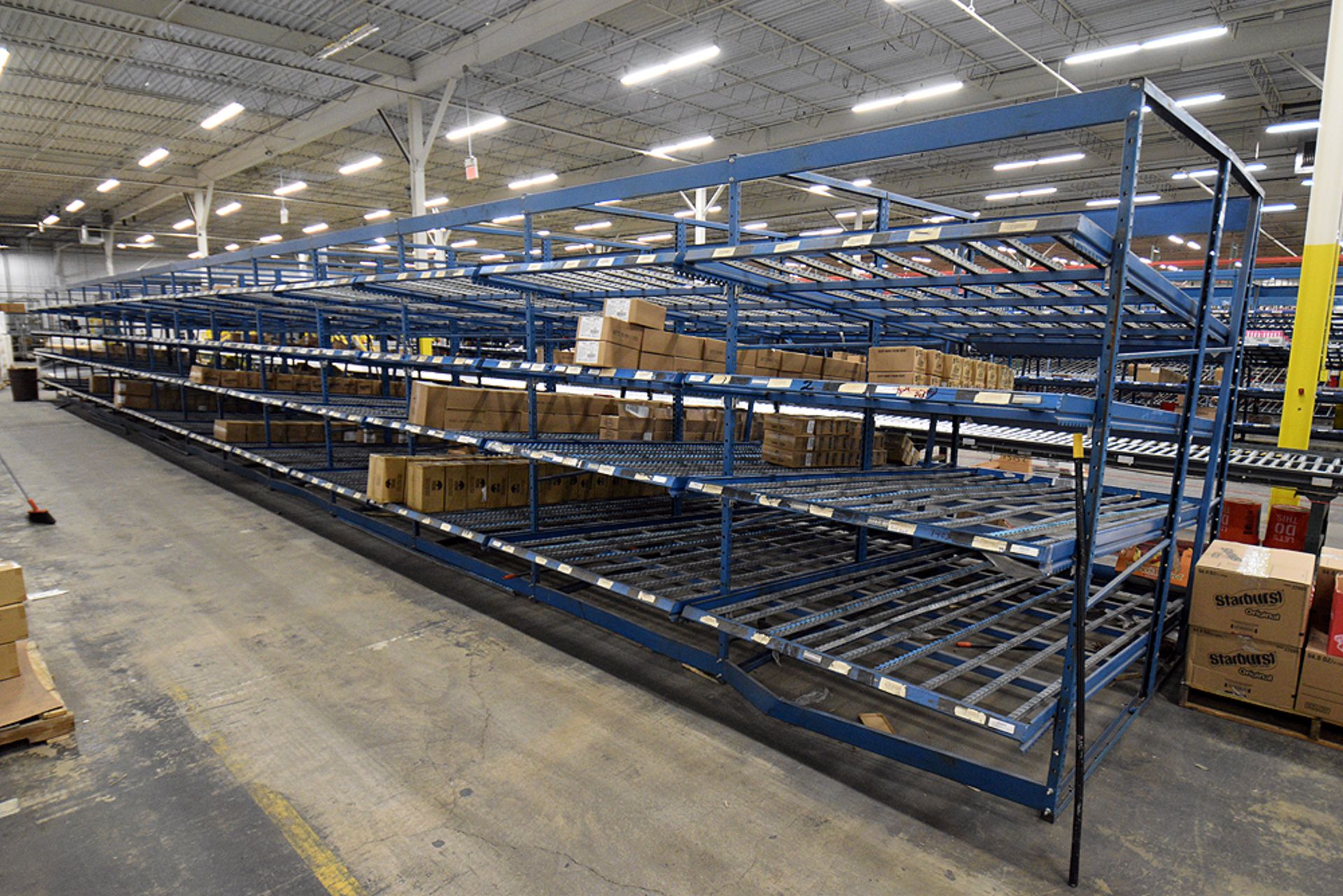 4-Tier Gravity Fed, Carton Flow Rack (125"x841.5"x96"H) (108"x1" Rollers)