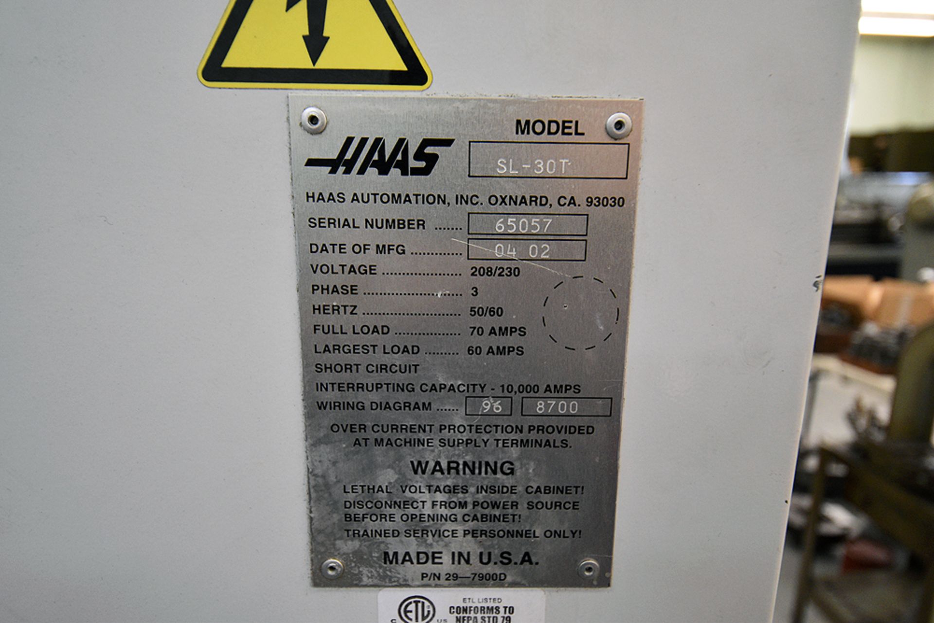2002 Haas SL30T CNC Lathe Serial Number: 65057, 208v/230v, 3-Phase w/Rexroth Hydraulic Power Unit - Image 22 of 23