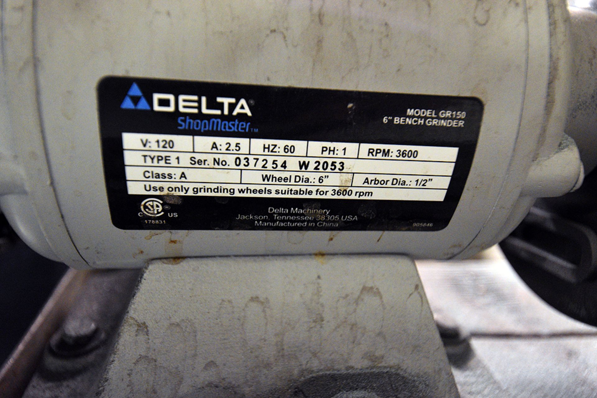 Delta Shopmaster Model GR150, Dual End 6" Bench Grinder Serial Number: 037254W2053 1/4hp - Image 2 of 2