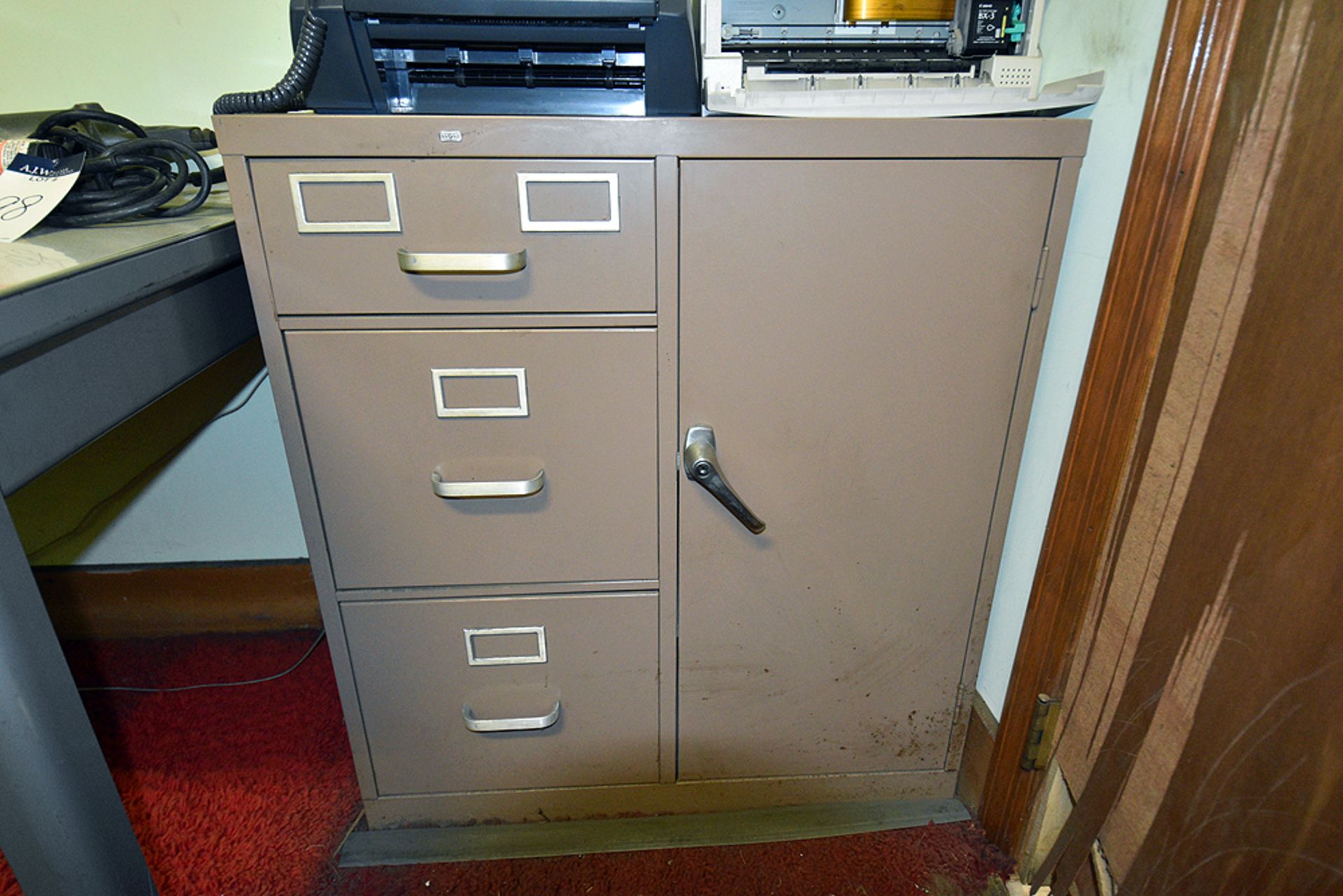 Furniture Throughout Room: (2) Desks, (3) File Cabinets, (2) Chairs & Cork Board - Image 9 of 10