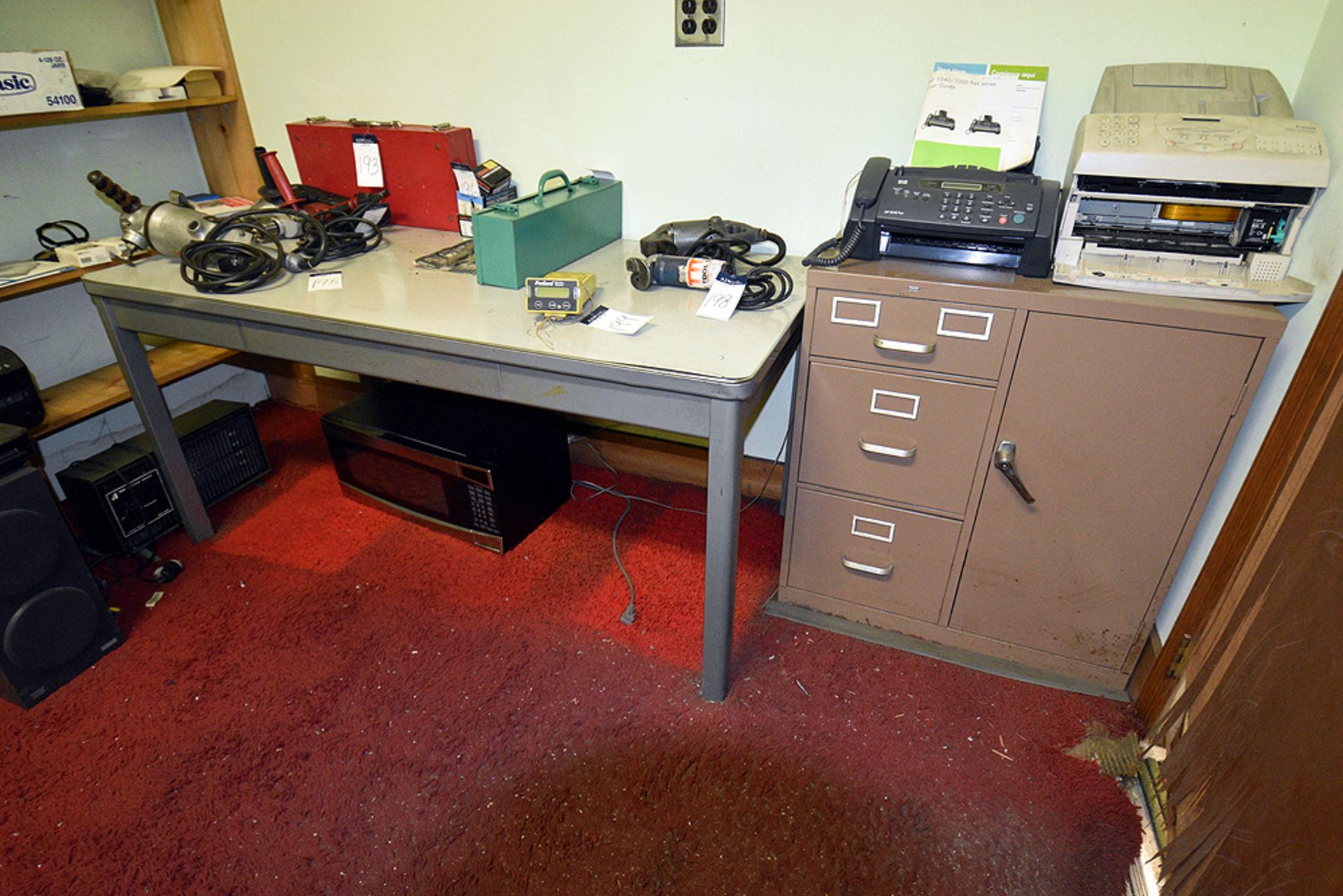 Furniture Throughout Room: (2) Desks, (3) File Cabinets, (2) Chairs & Cork Board - Image 7 of 10