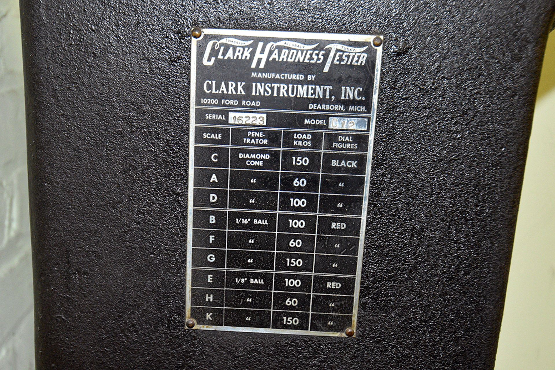 Clark Hardness Tester Model C12 Serial Number: 16223 w/ Base Cabinet - Image 3 of 6