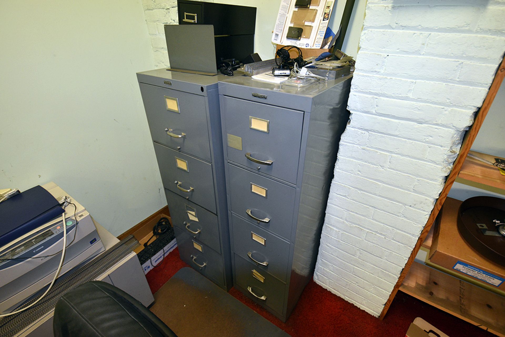 Furniture Throughout Room: (2) Desks, (3) File Cabinets, (2) Chairs & Cork Board - Image 3 of 10