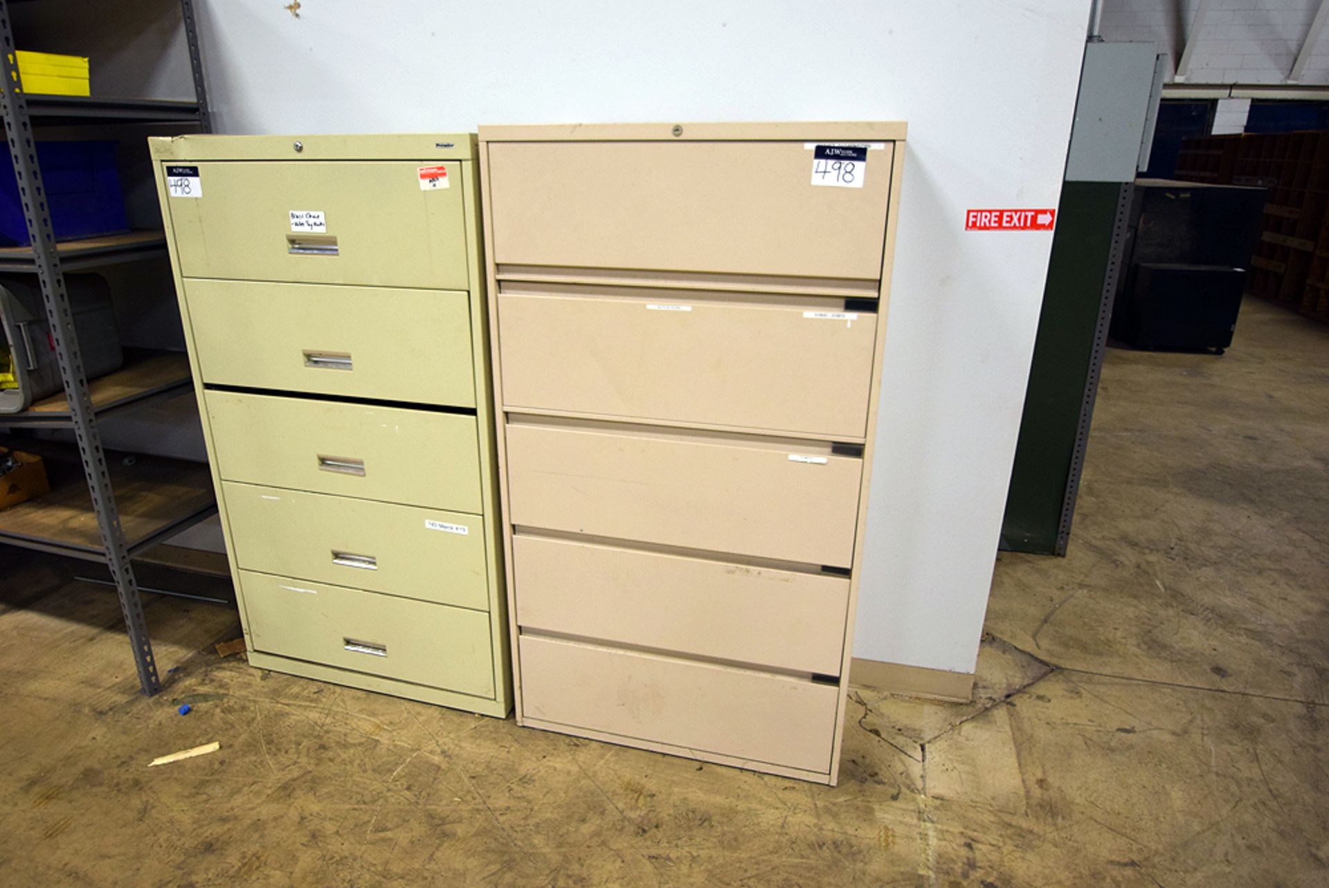 A Group of (1) Metal 2-Door Storage Cabinet & (3) 5-Draw Lateral File Cabinets