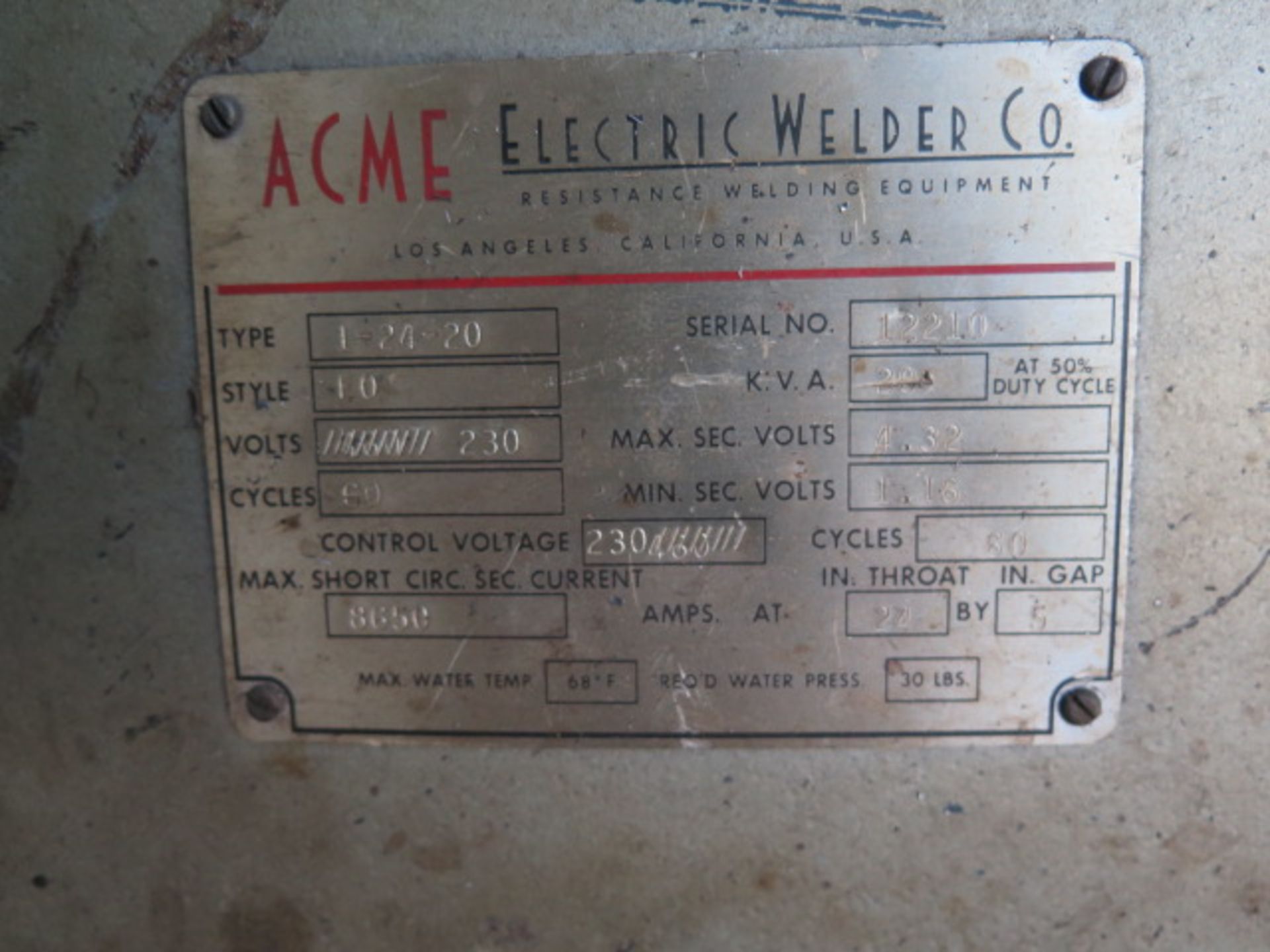 Acme type 1-24-20 20kVA Spot Welder w/ 22” Throat (SOLD AS-IS - NO WARRANTY) - Image 5 of 5