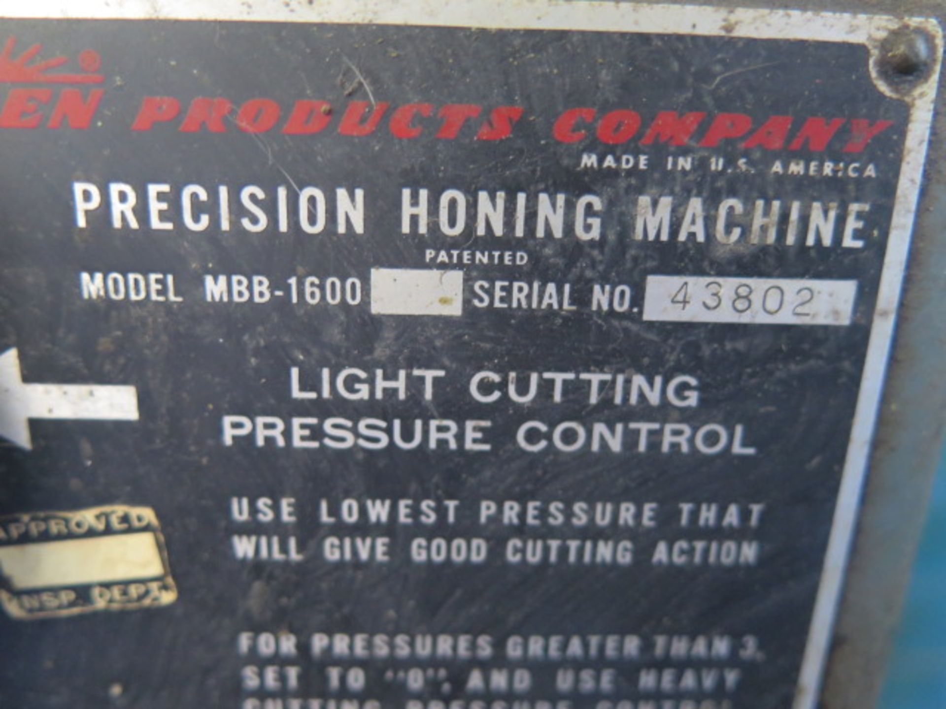 Sunnen MBB-1600 Precision Honing Machine s/n 43802 w/ Coolant (SOLD AS-IS - NO WARRANTY) - Image 8 of 8