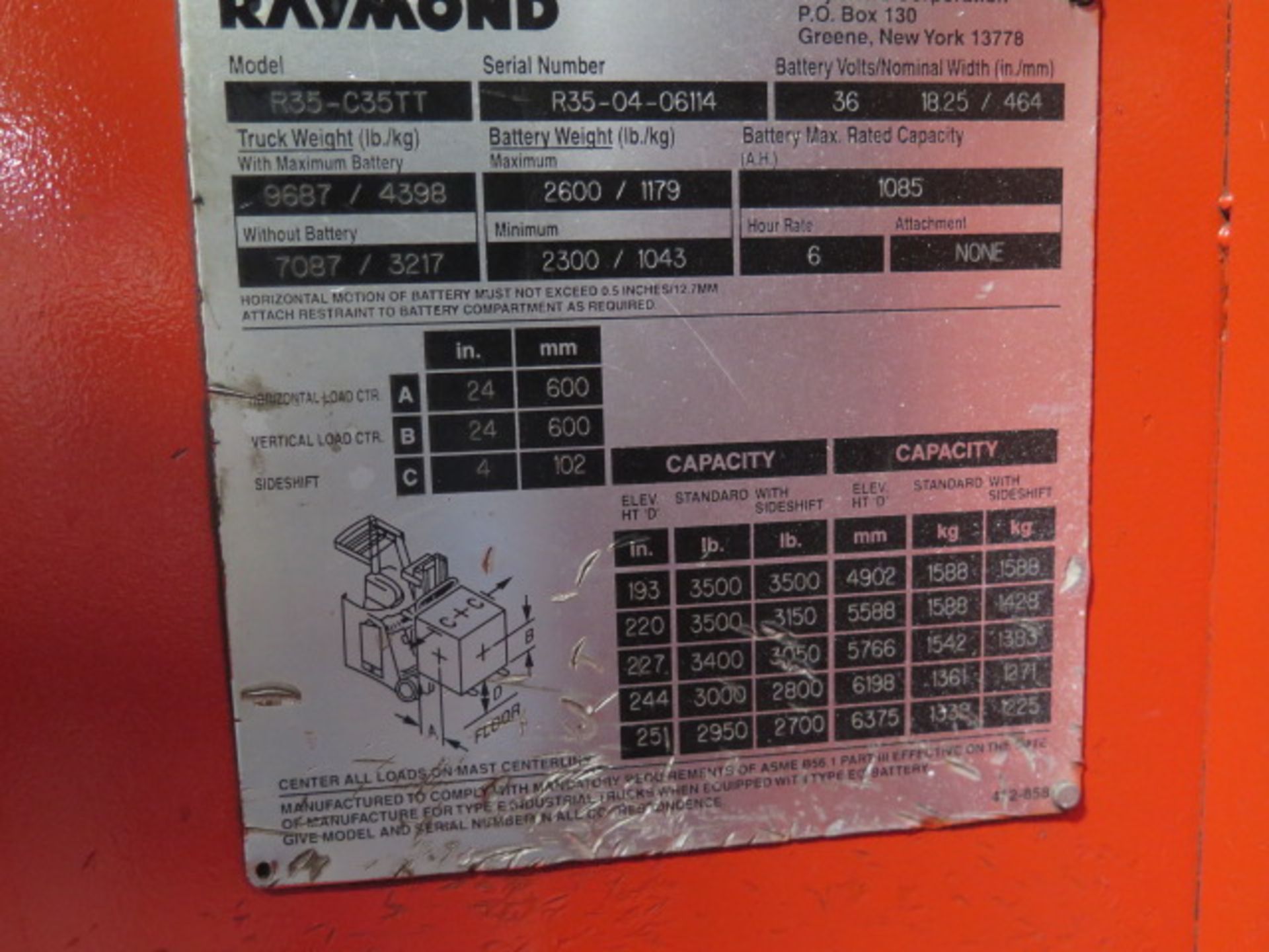 Raymond R35-C35TT 3500 Lb Cap Stand-In Elec Pallet Mover s/n R35-04-06114 w/ 251" Lift. SOLD AS IS - Image 11 of 11