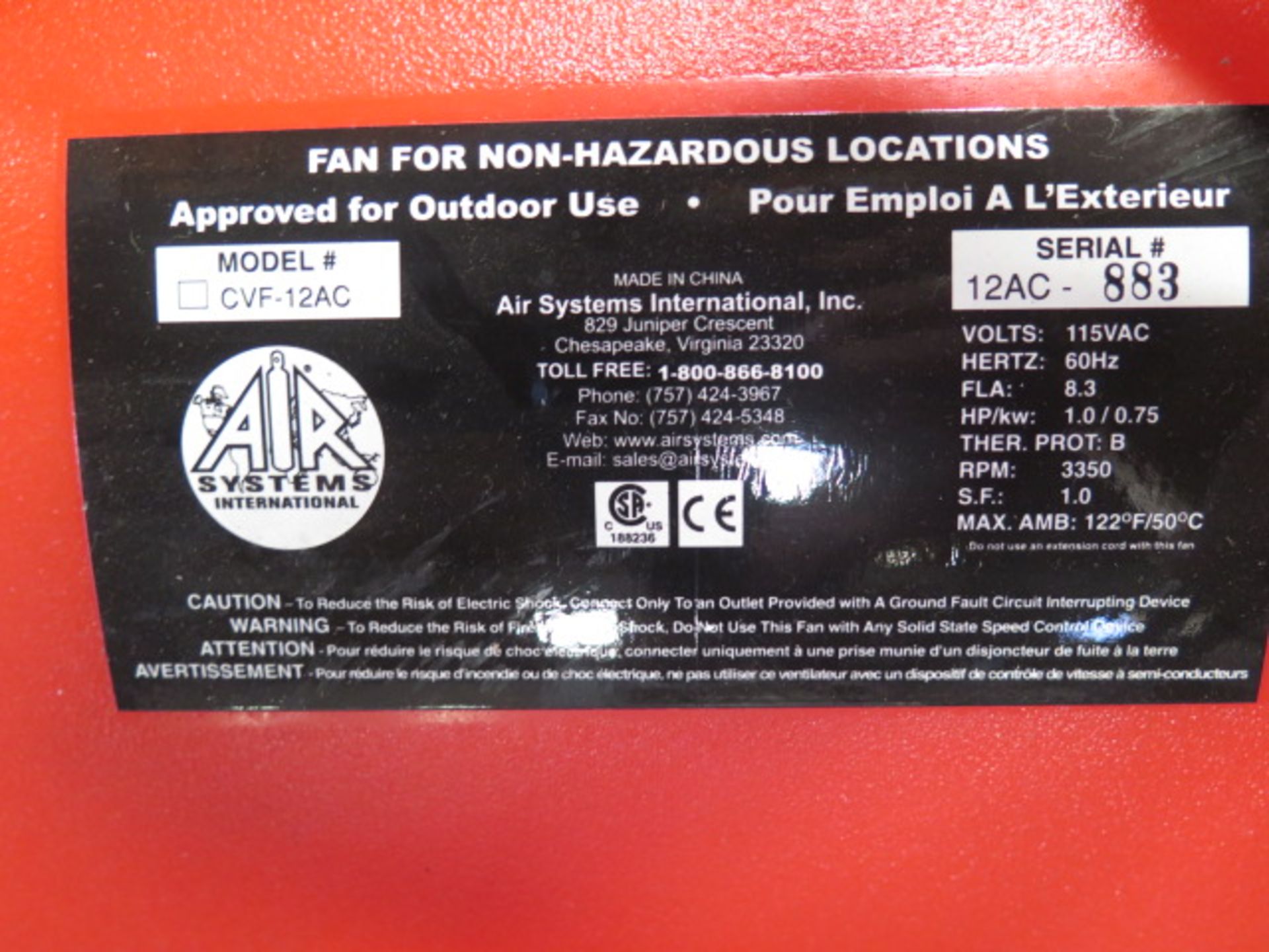 Air Systems CVF-12AC Blower Fans (2) (SOLD AS-IS - NO WARRANTY) - Image 4 of 4