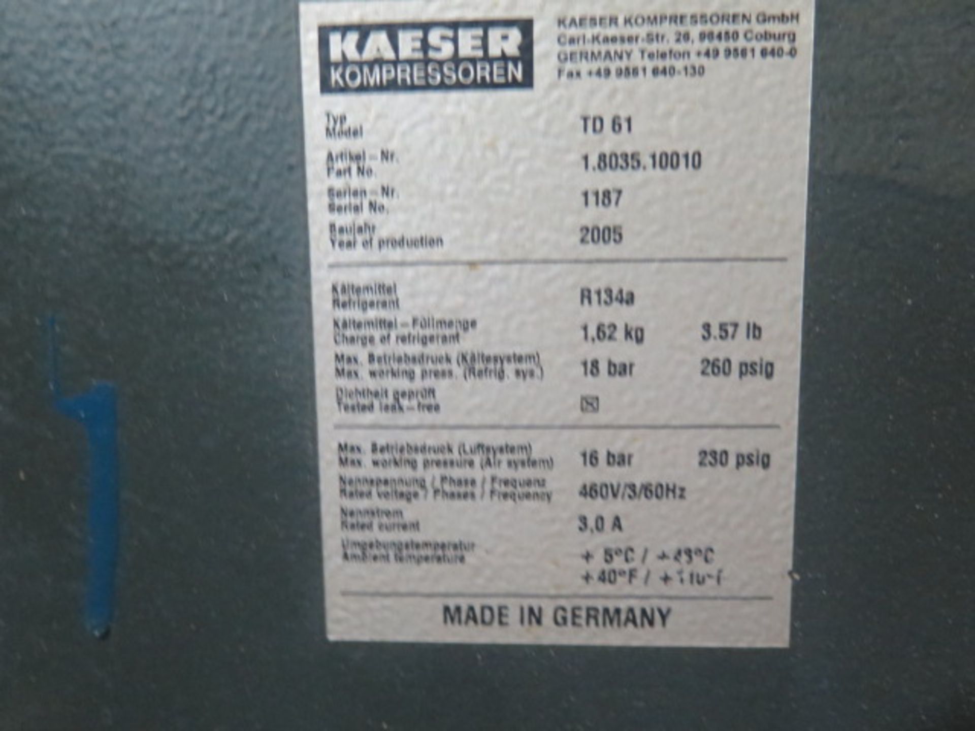 2005 Kaeser TD61 Refrigerated Air Dryer s/n 1187 (SOLD AS-IS - NO WARRANTY) - Image 6 of 6