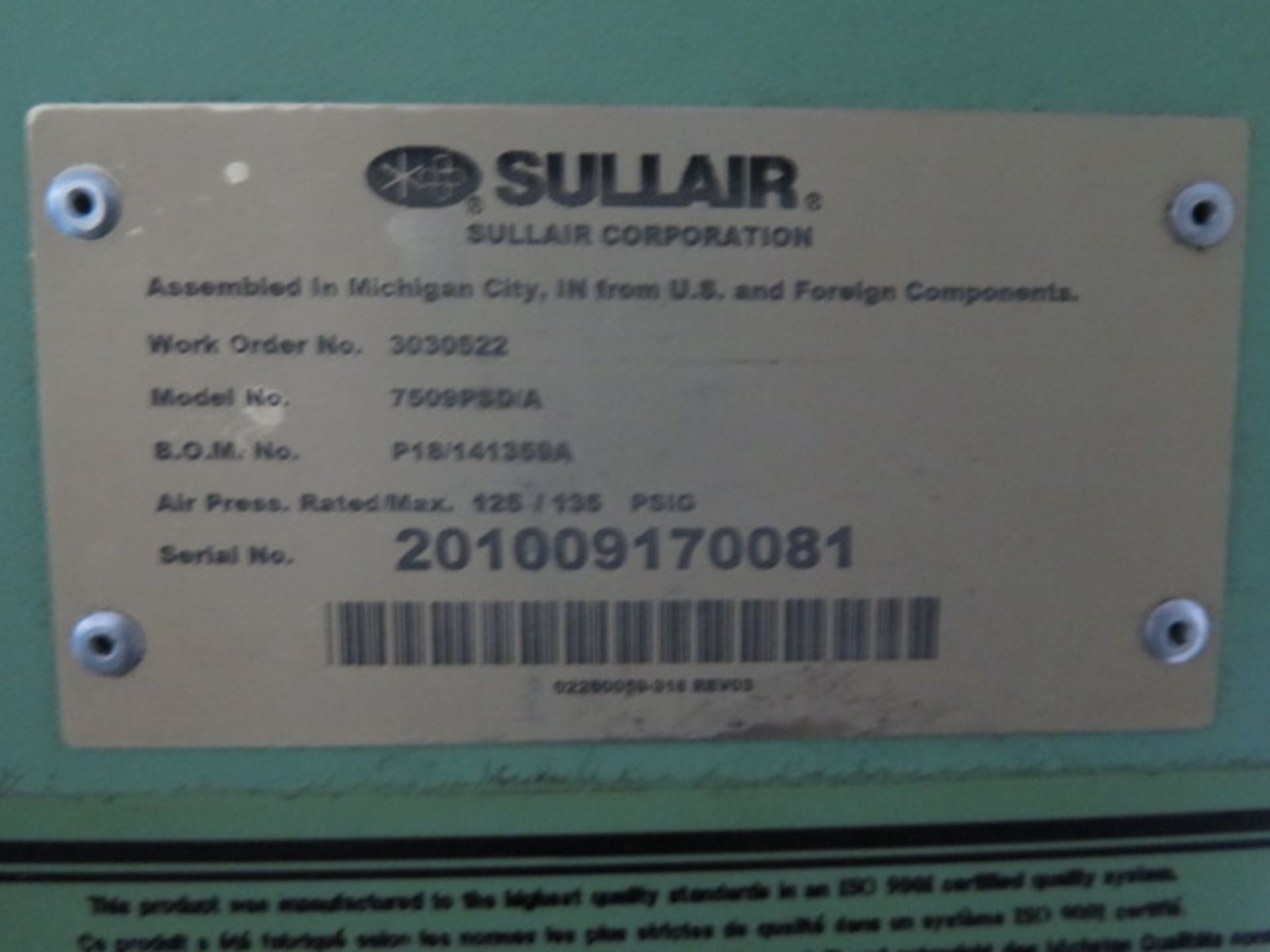 Sullair 7500PSD/A 100Hp Rotary Air Compressor s/n 201009170081 w/ Digital Controls (SOLD AS-IS - - Image 7 of 7