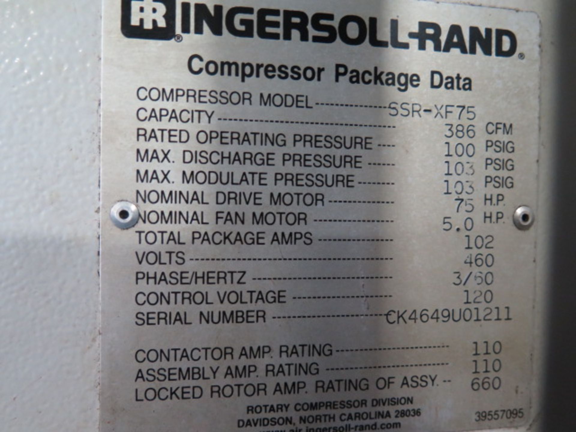 Ingersoll Rand SSR-XF75 75Hp Rotary Air Compressor s/n CK4649U01211 w/ 386 CFM @ 100 PSIG SOLD AS IS - Image 6 of 6