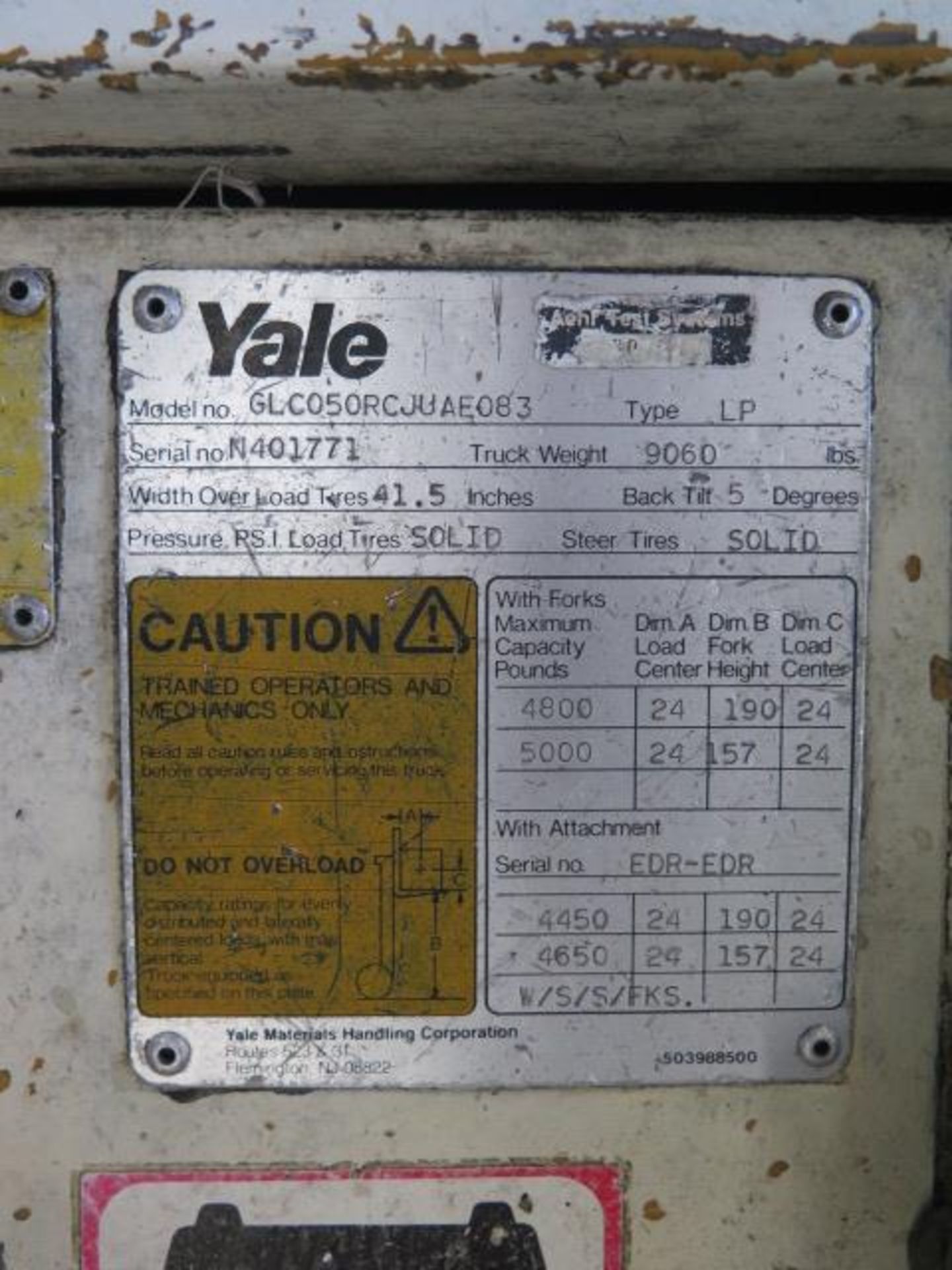 Yale GLC05RCJUAE083 5000 Lb Cap LPG Forklift s/n N401771 w/ 3-Stage Mast, 190” Lift Height, Side - Image 12 of 12