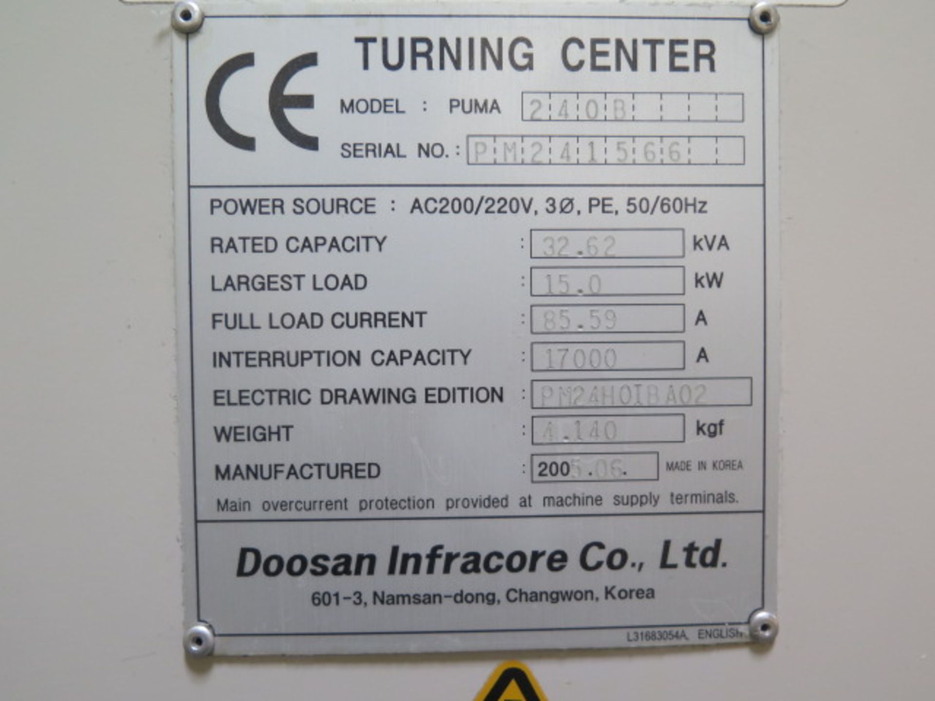 2005 Doosan PUMA240B CNC Turning Center s/n PM241566 w/ Fanuc Series 0i-TB Controls, SOLD AS IS - Image 18 of 18